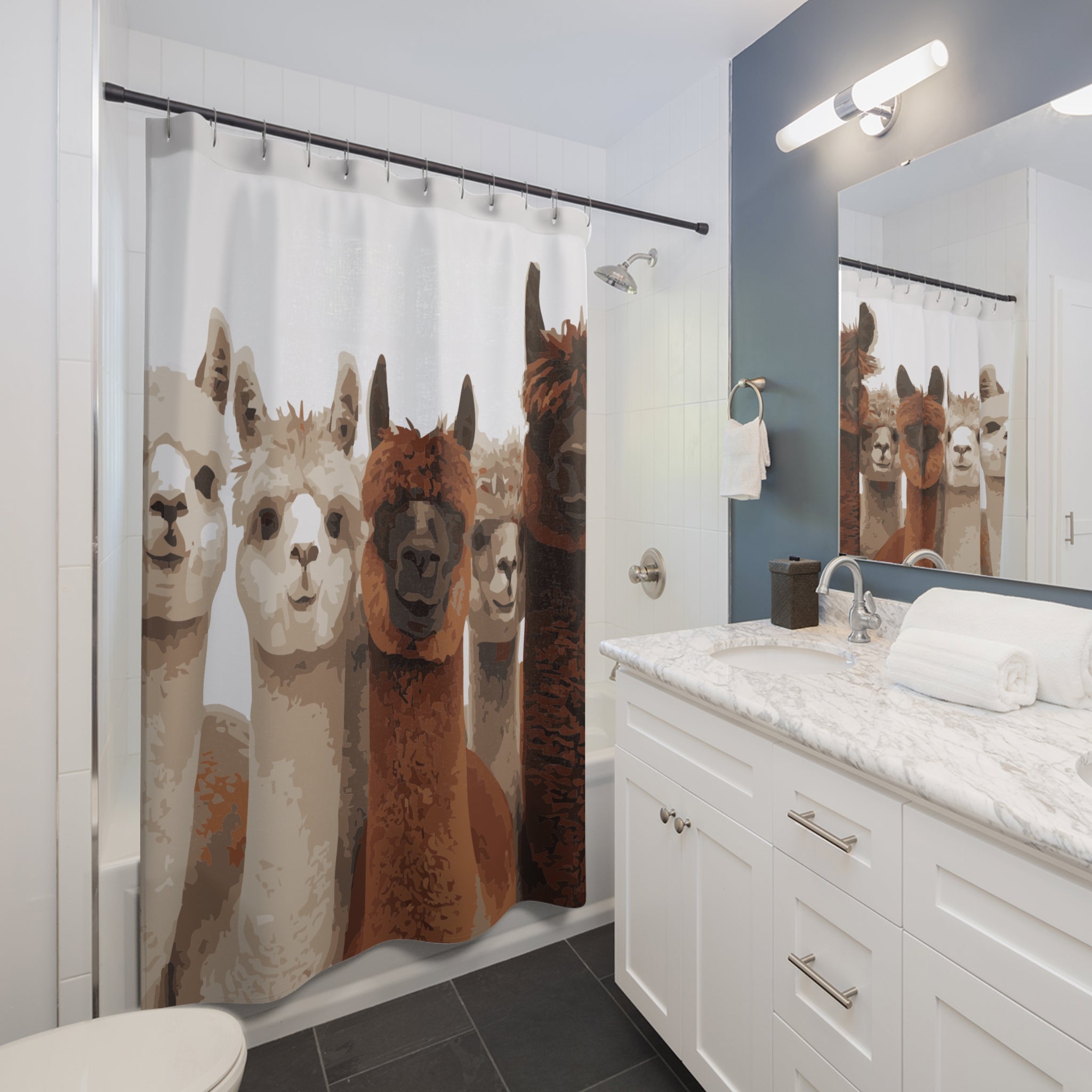 Uncanny Valley Llama Bunch Shower Curtain