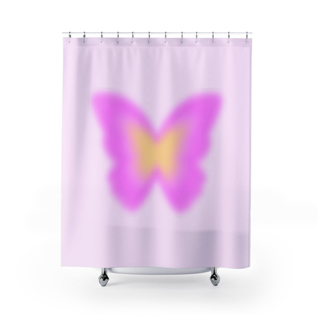 Aura Butterfly Bliss Shower Curtain | Floral Bathroom Decor, Boho Shower Curtain, Spring Vibes, Gift for Nature Lovers, Pink Butterfly Design