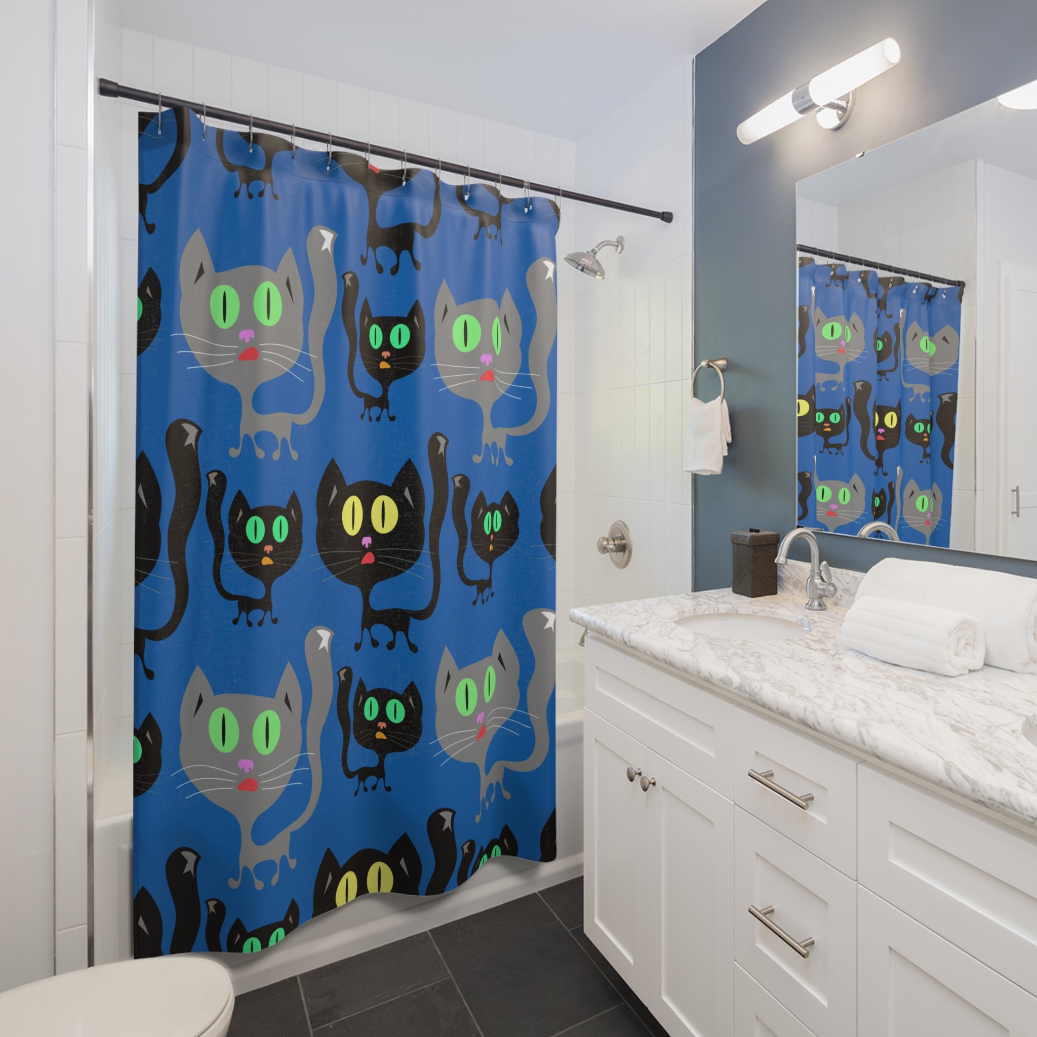 Playful Black Cat Bluish Cat Shower Curtain