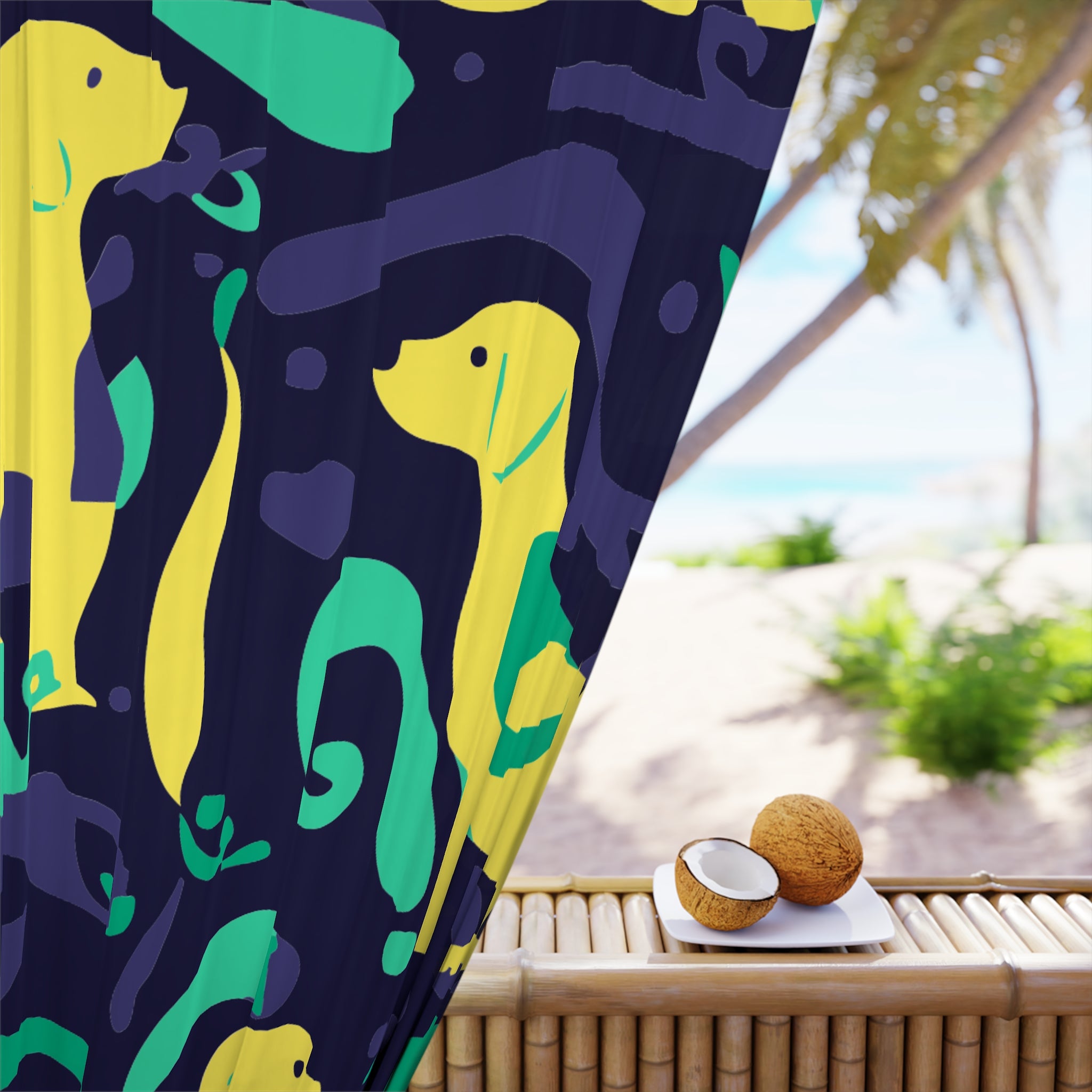 Whimsical Greenish Dog Swirl Blackout Window Curtain