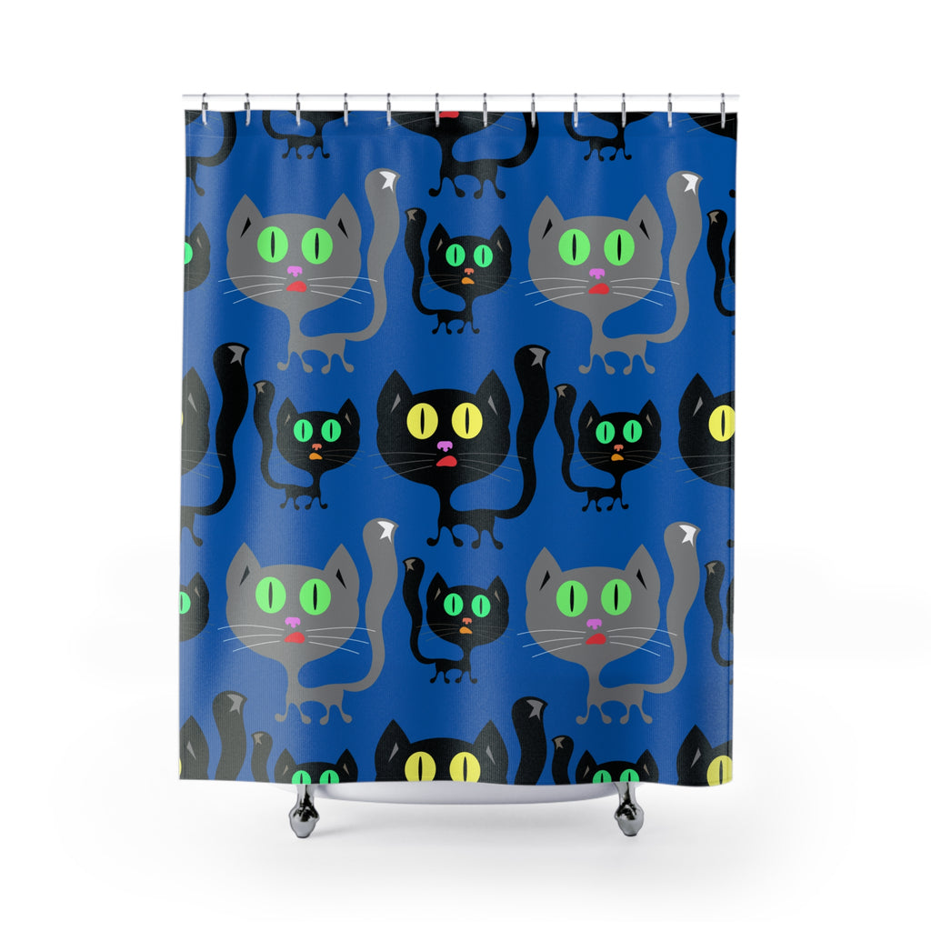 Playful Black Cat Bluish Cat Shower Curtain