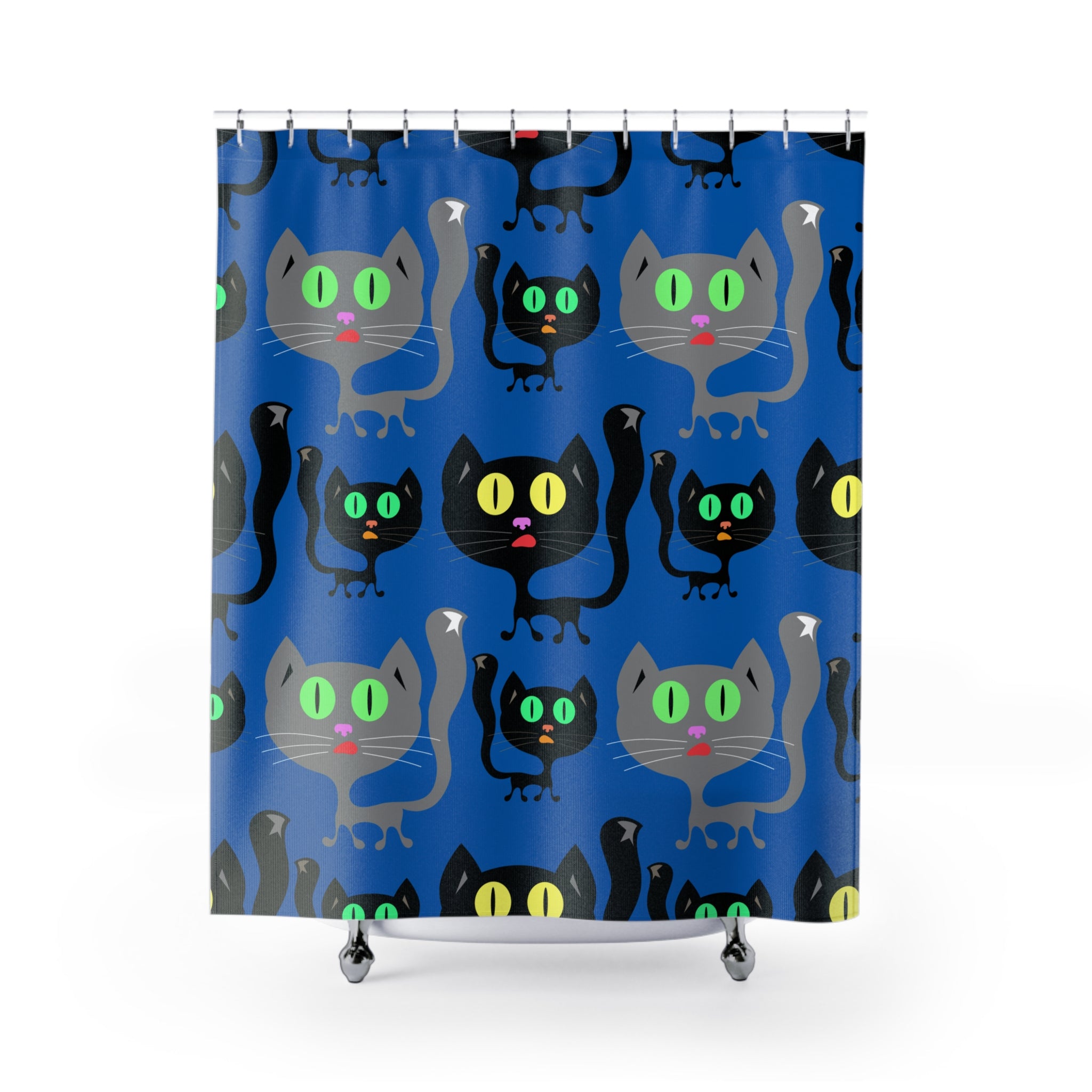 Playful Black Cat Bluish Cat Shower Curtain