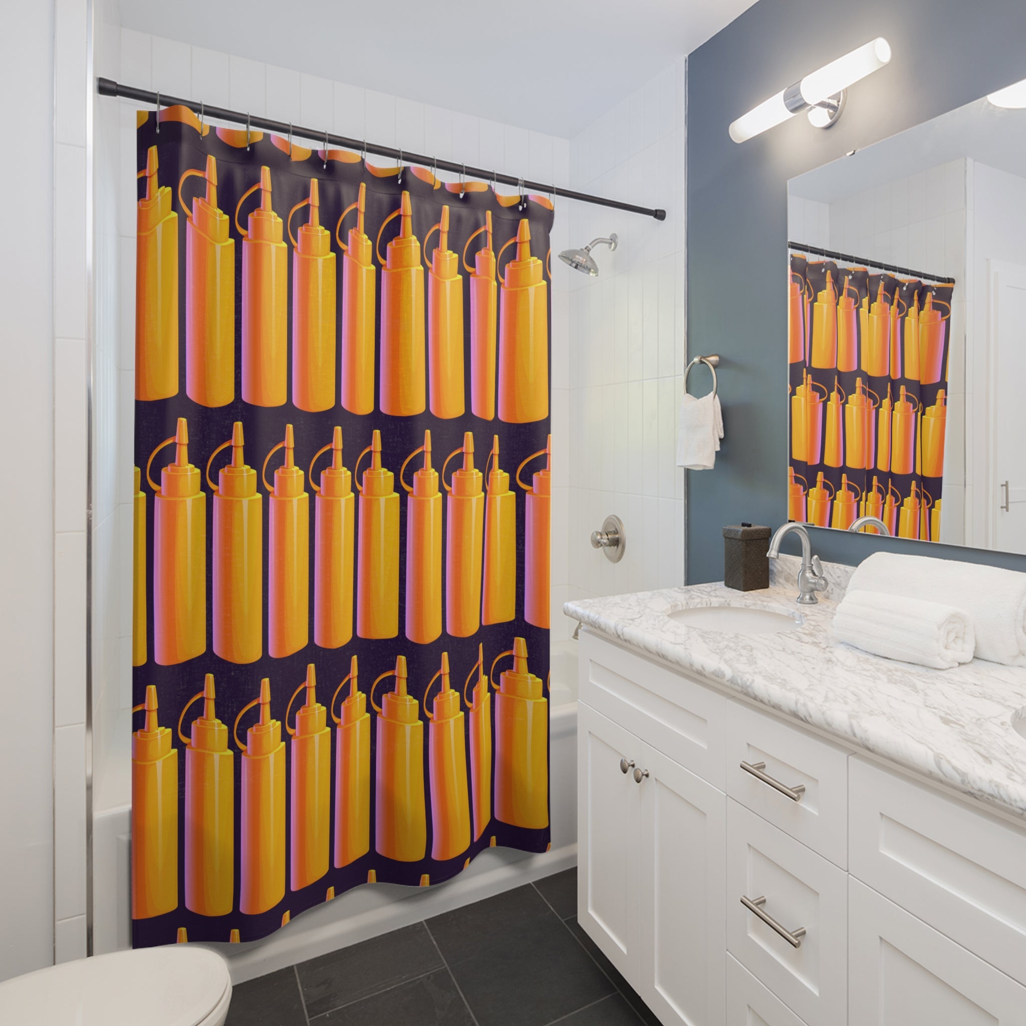 I Love Mustard Bottles Shower Curtain, Fun Bathroom Decor, Unique Gift for Foodies, Kitchen Theme, Colorful Home Accent