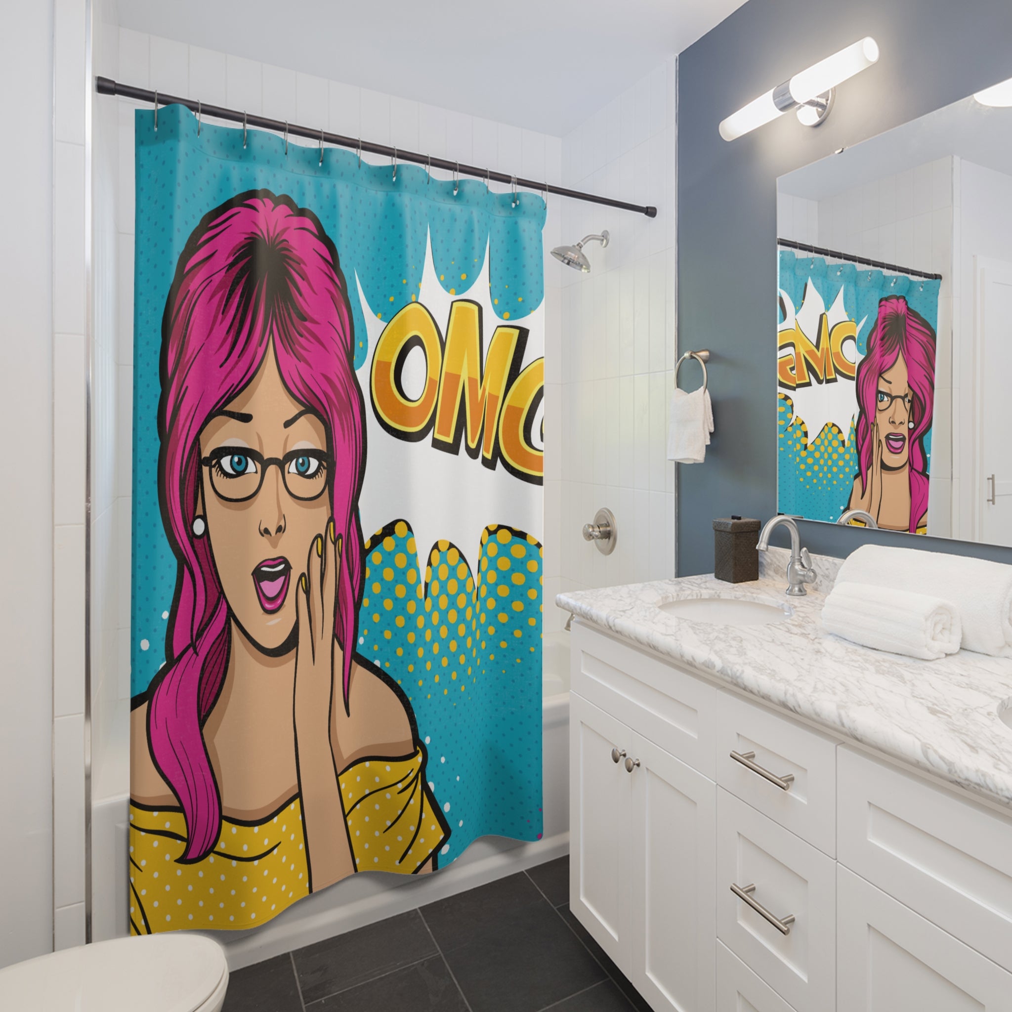 OMG Pop Art Shower Curtain - Fun Bathroom Decor, Gift for Her, Retro Style, Home Accessories, Unique Gift Idea