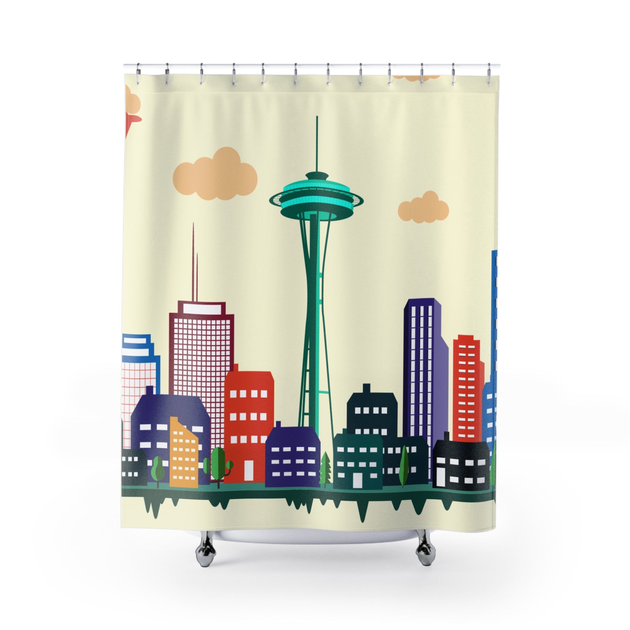 Seattle Skyline Shower Curtain, Colorful Cityscape Bathroom Decor, Urban Art, Home Gift, Modern Bathroom Accessory