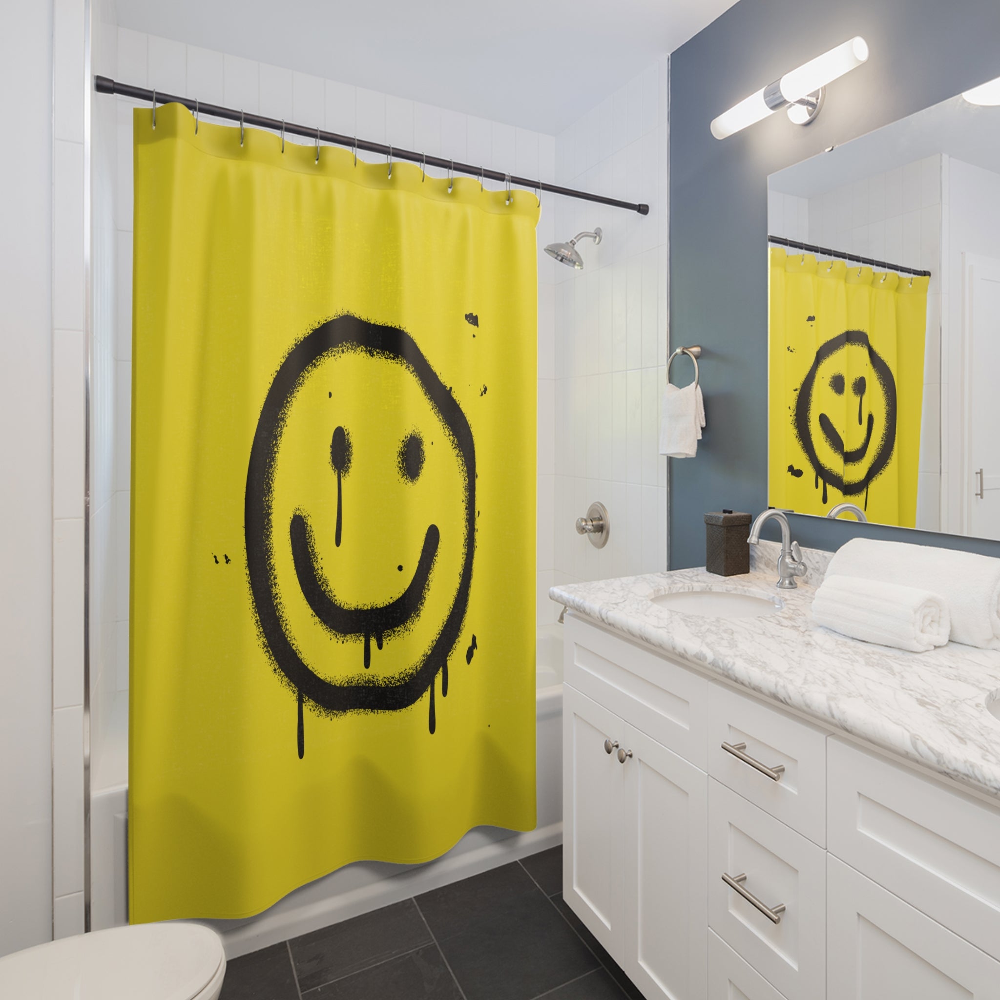 Cheerful Sappy Face Smile Yellow Shower Curtain, Bright Bathroom Decor, Funny Home Accessories, Vibrant Gift for Friends, Fun Bathroom Ideas