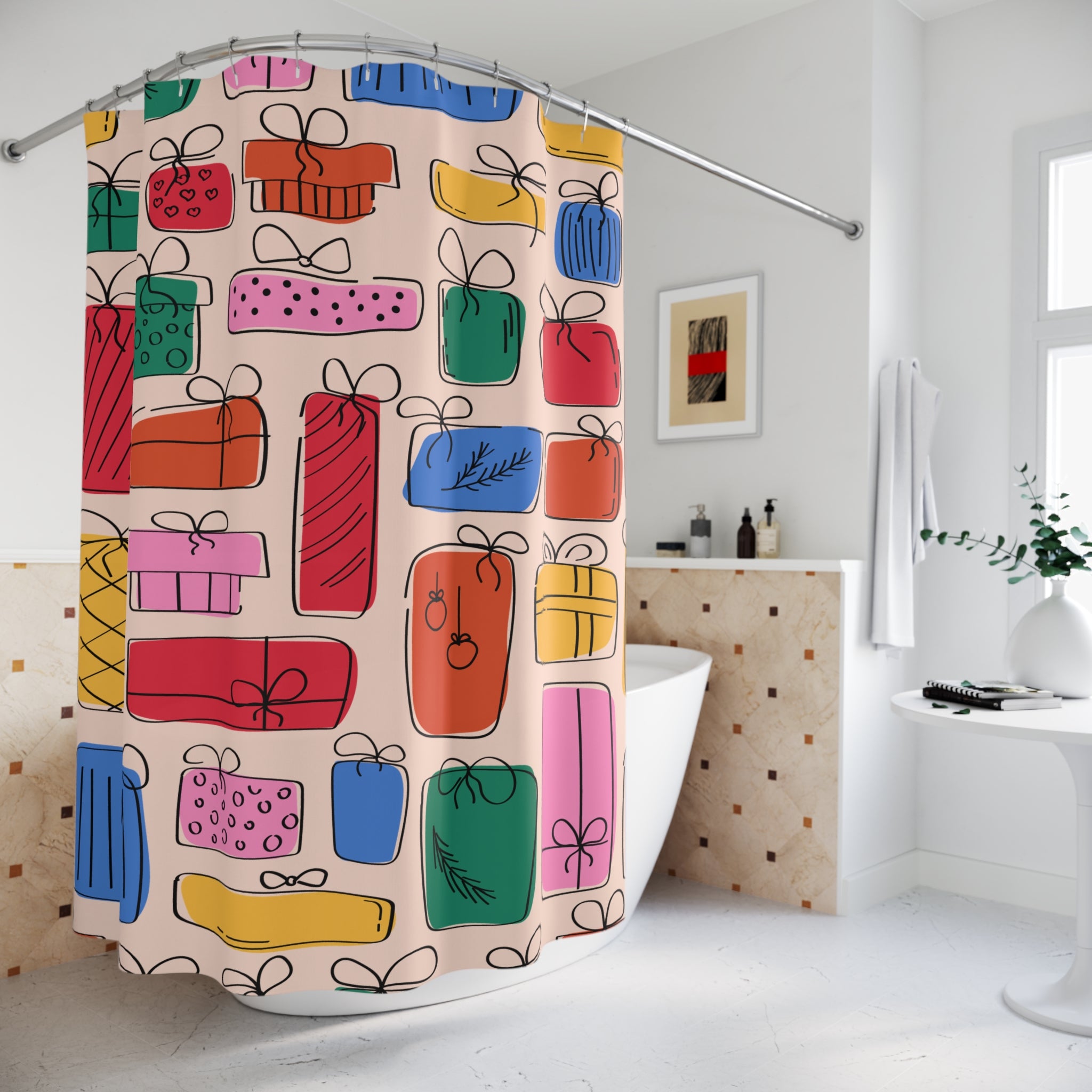 Festive Gifts Minimalist Shower Curtain, Colorful Present Decor, Holiday Bathroom Accent, Gift Wrap Theme, Fun Gift Shower
