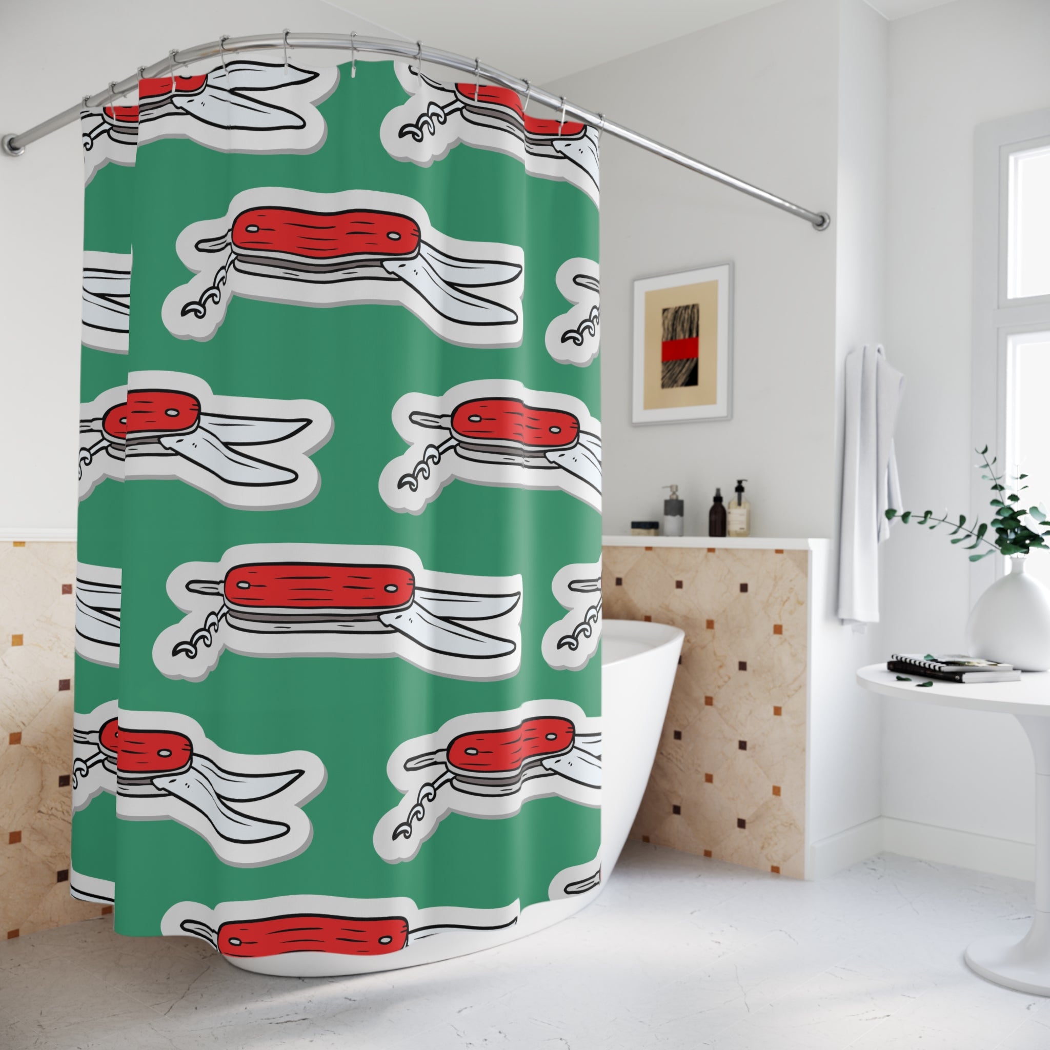 Fun Pocket Knife Shower Curtain, Quirky Bathroom Decor, Unique Gift for Him, Kitchen & Bath Accessories, Holiday & Housewarming