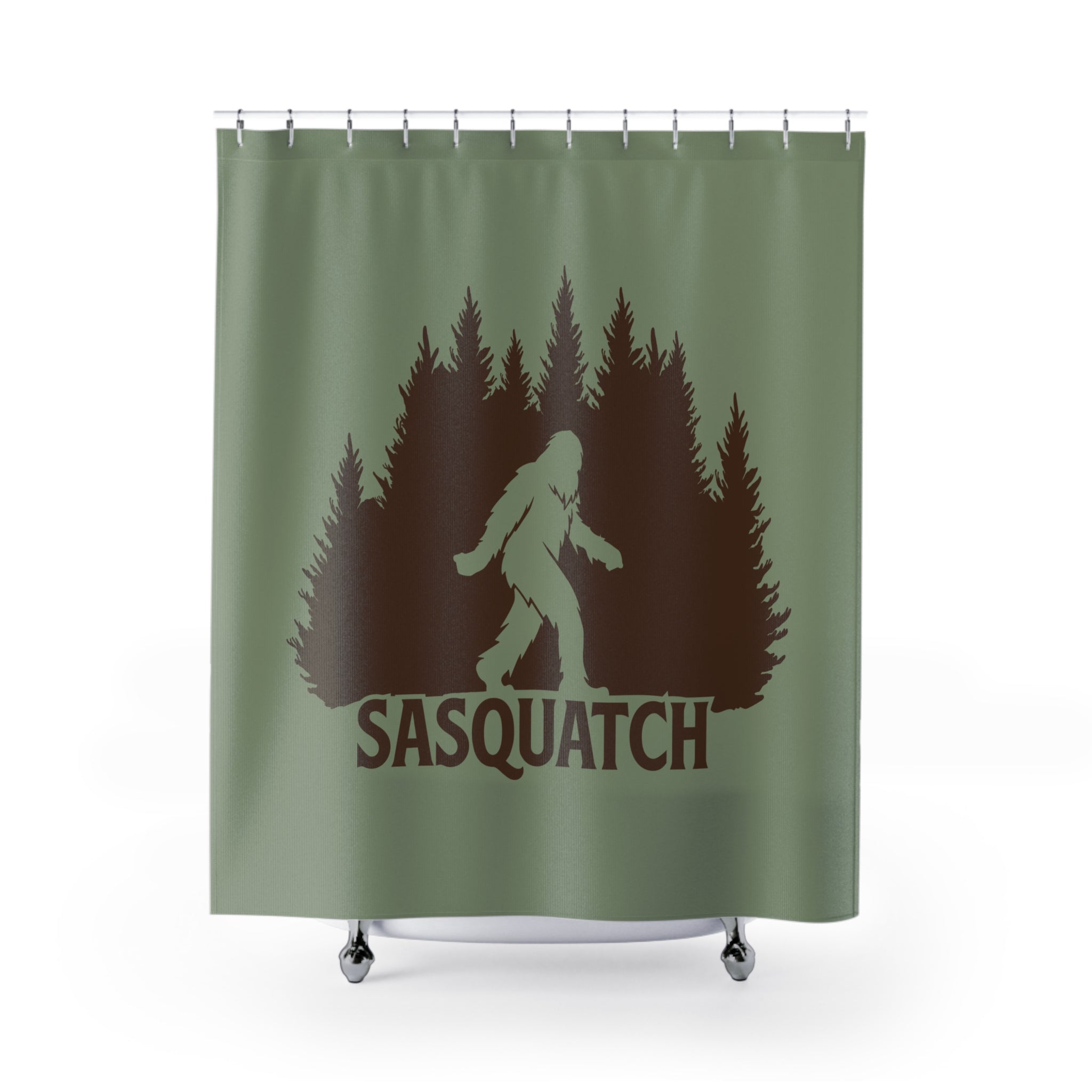 Sasquatch Forest Green Shower Curtain, Forest Bathroom Decor, Bigfoot Gift, Nature Inspired, Rustic Home Decor, Unique Gift for Outdoorsy