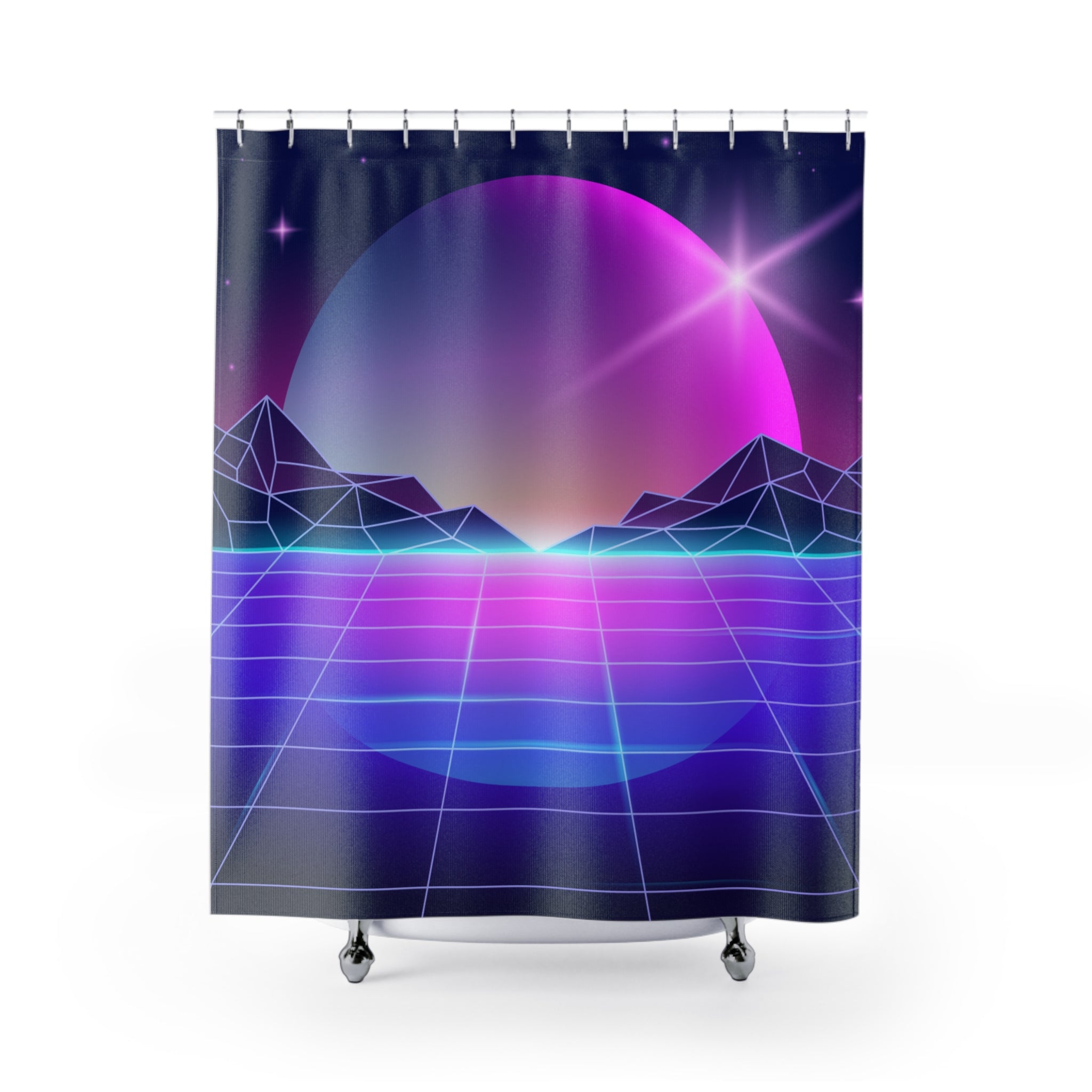 Retro Futuristic Shower Curtain with Cosmic Landscape, Bathroom Decor, Boho Home, Vintage Style, Gift for Nature Lovers