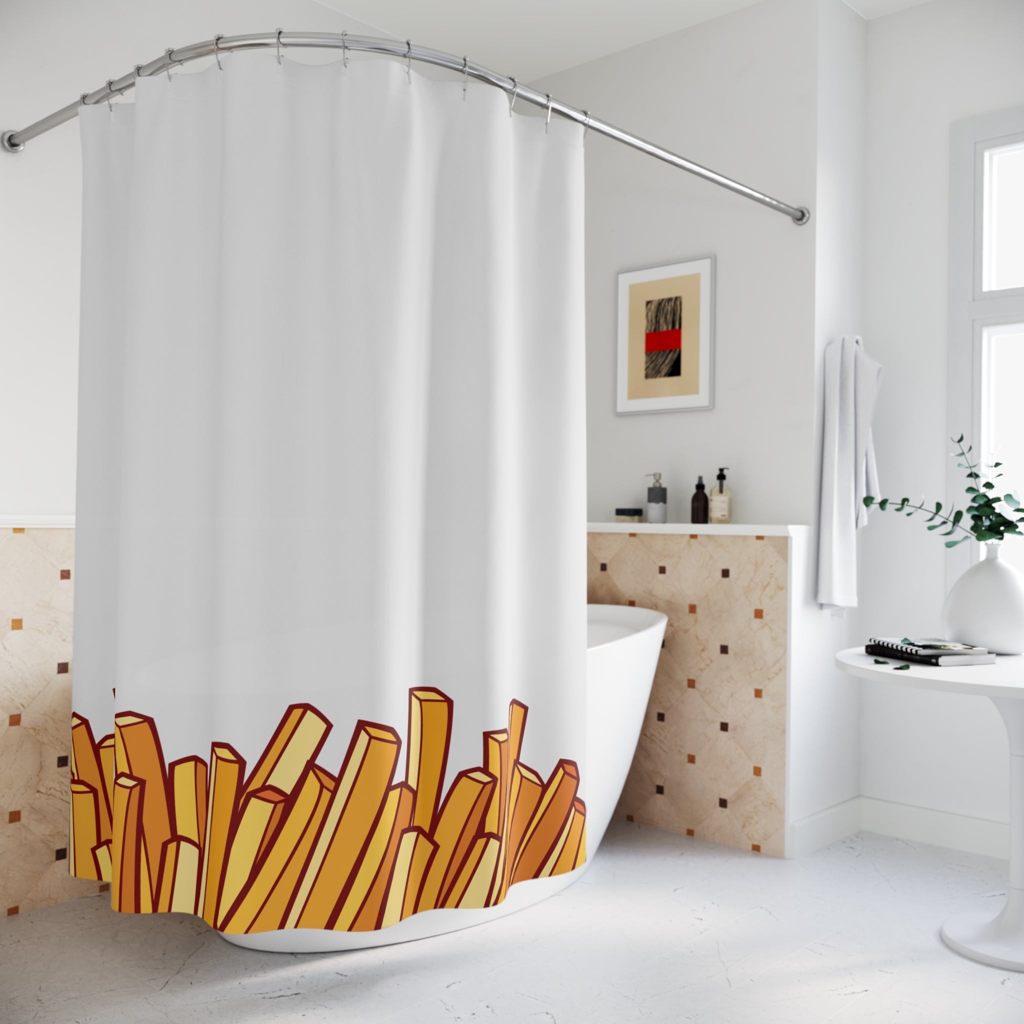 Fries-Inspired Shower Curtain, Fun Bathroom Decor, Kitchen Theme, Fast Food Lover Gift, Bright and Quirky Bathroom Accent