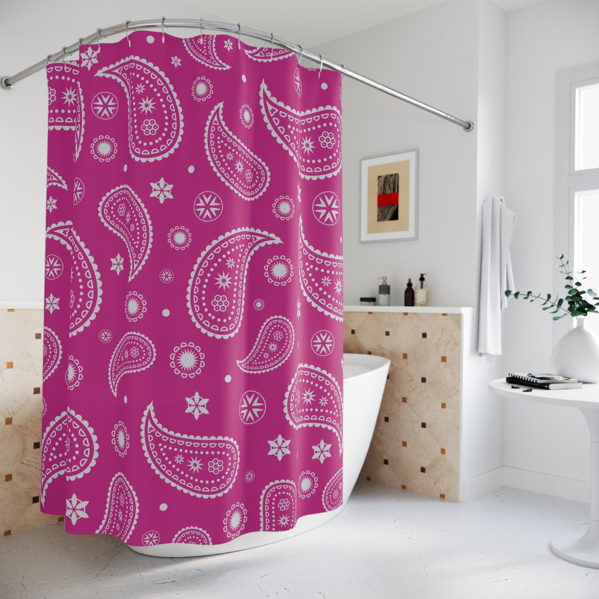 Pink Bandana Pattern Shower Curtain, Vibrant Pink, Bathroom Decor, Home Improvement, Gift for Her, Unique Home Accessories