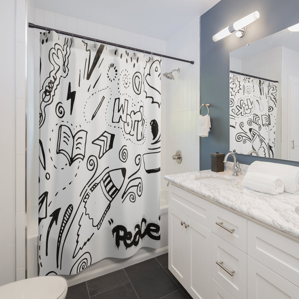 Creative Doodle Shower Curtain - Artistic Bathroom Decor, Peaceful Vibes, Unique Gift, Modern Home Design, Fun Accent for Kids' Bath