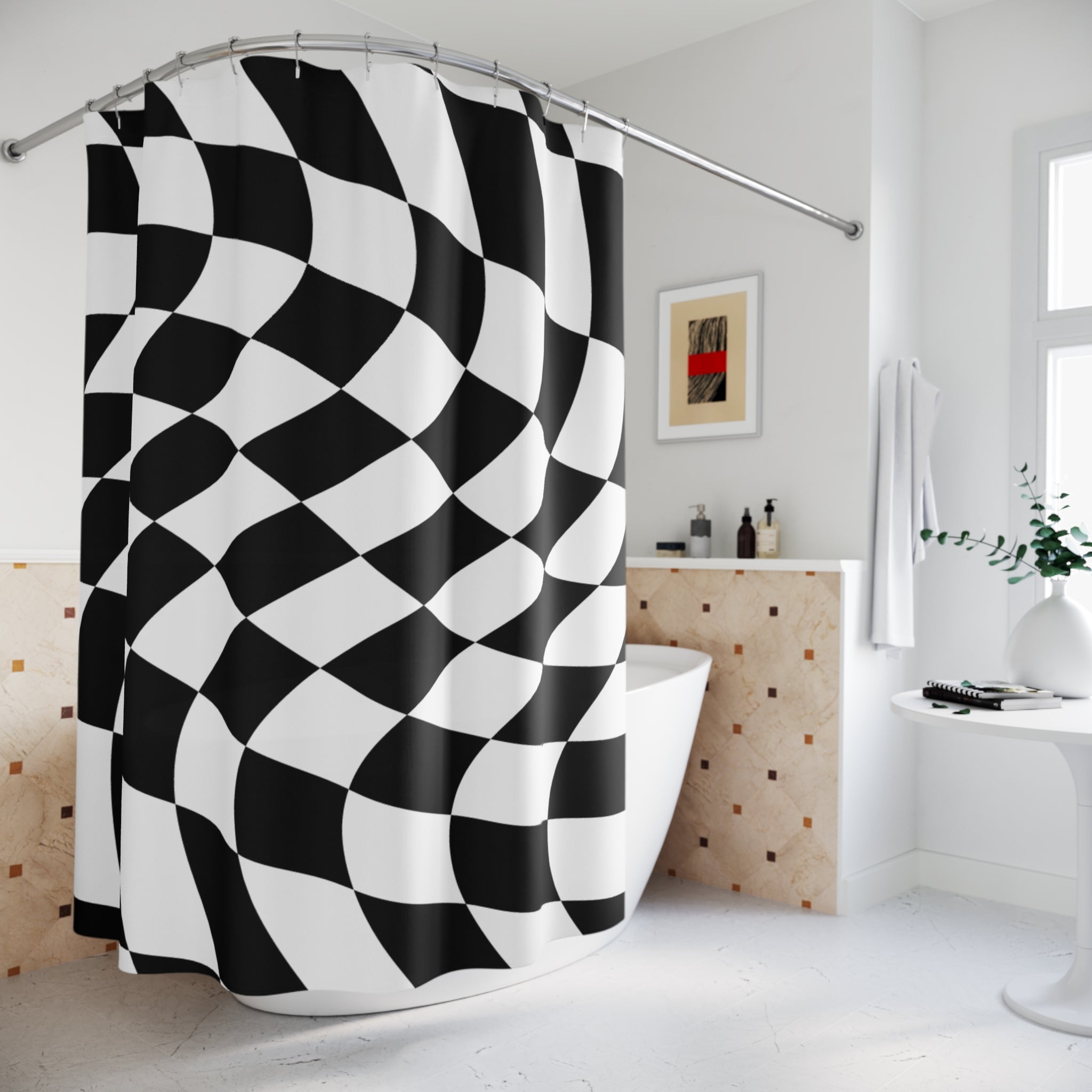 Checkered Warped in Time Pattern Shower Curtain