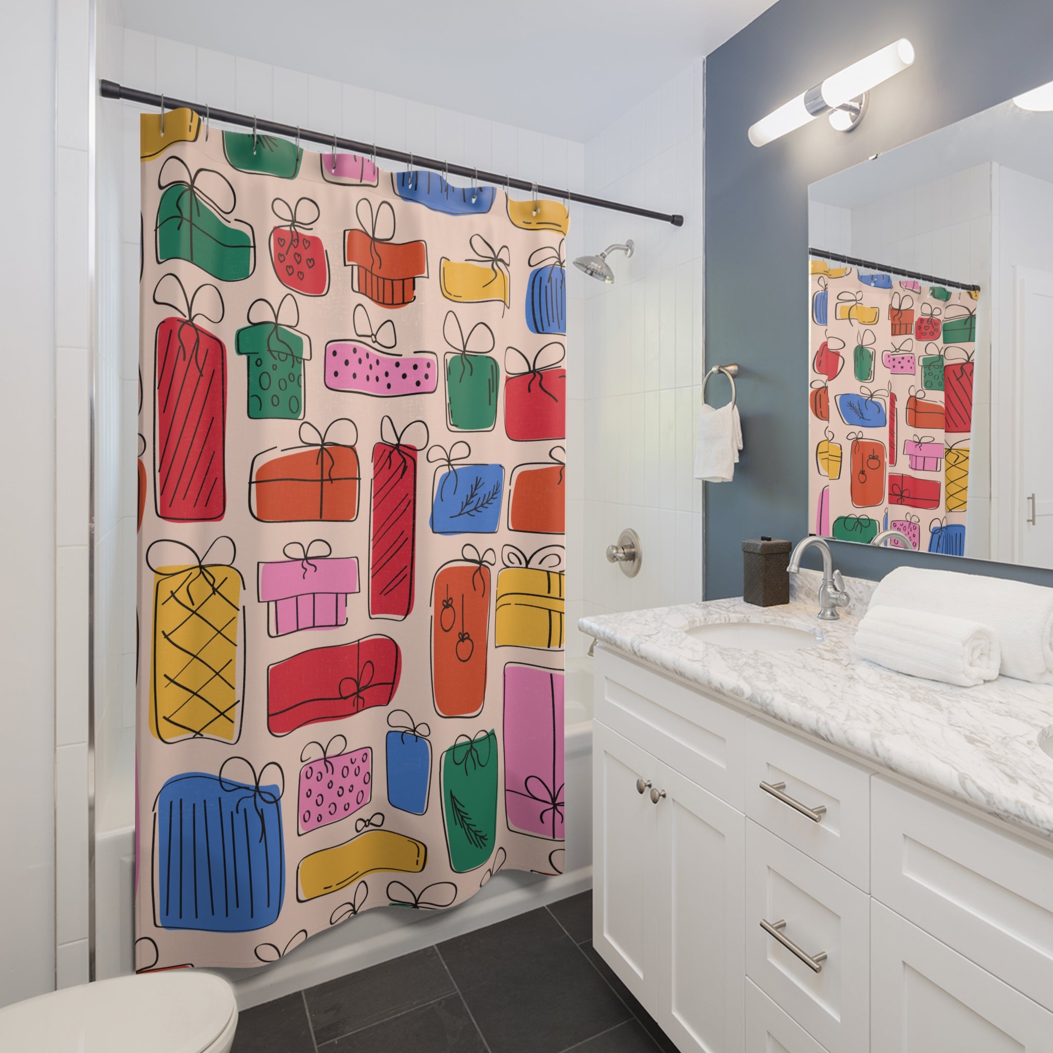 Festive Gifts Minimalist Shower Curtain, Colorful Present Decor, Holiday Bathroom Accent, Gift Wrap Theme, Fun Gift Shower