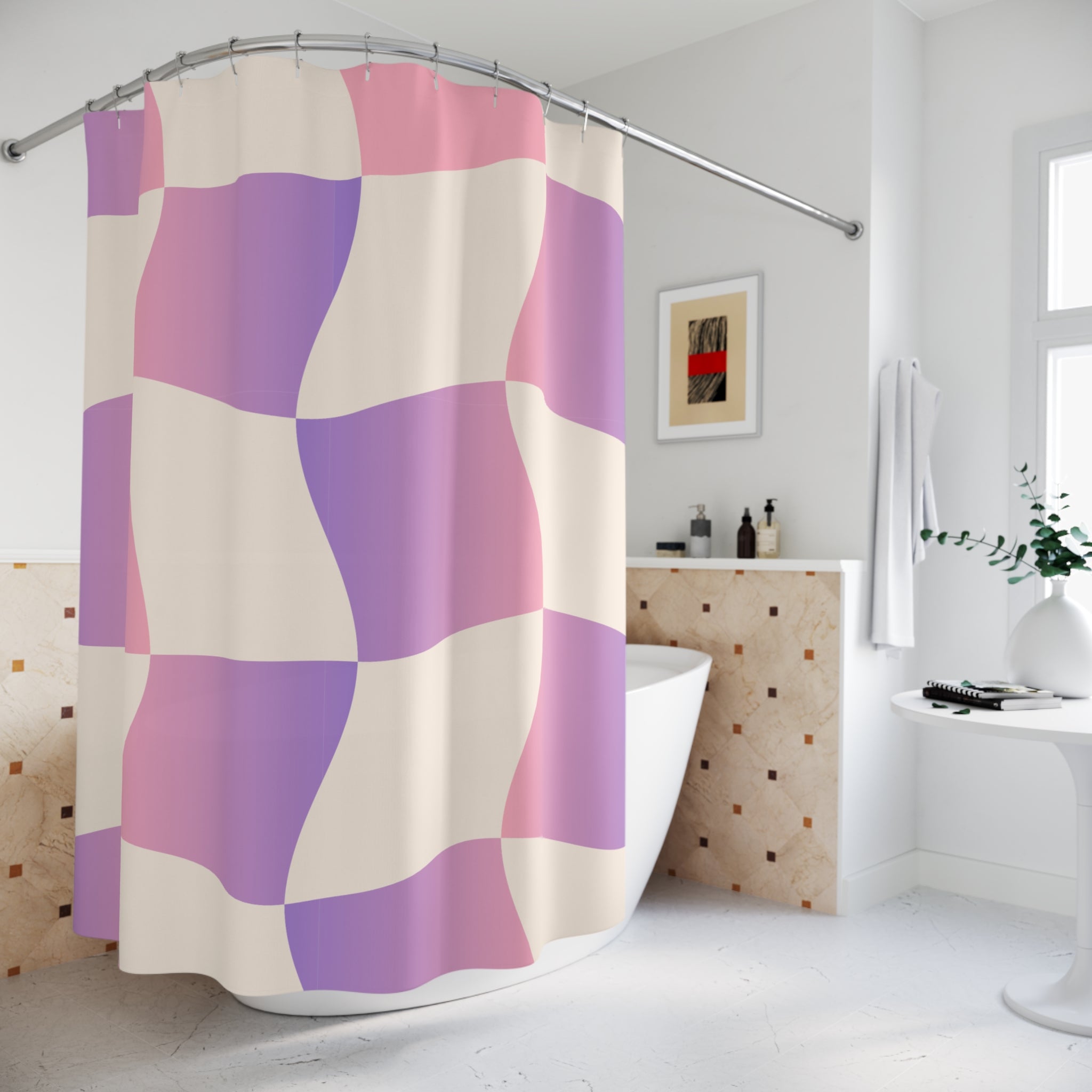 Colorful Checkered Wave Shower Curtain, Vibrant Bathroom Decor, Unique Gift for Home, Modern Design, Rainbow Curtain, Stylish Bath Accessory