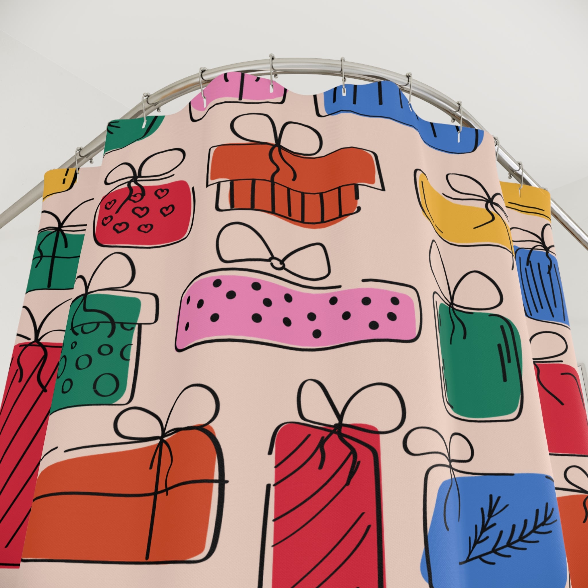 Festive Gifts Minimalist Shower Curtain, Colorful Present Decor, Holiday Bathroom Accent, Gift Wrap Theme, Fun Gift Shower