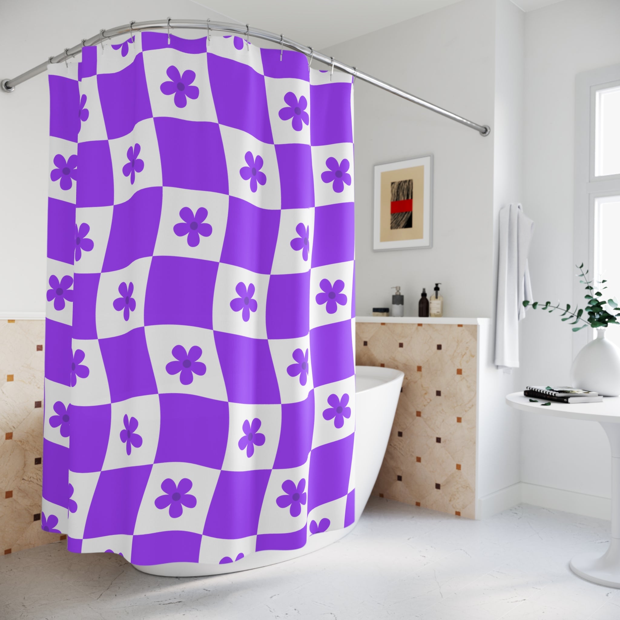 Vibrant Purple Checkered and Floral Shower Curtain