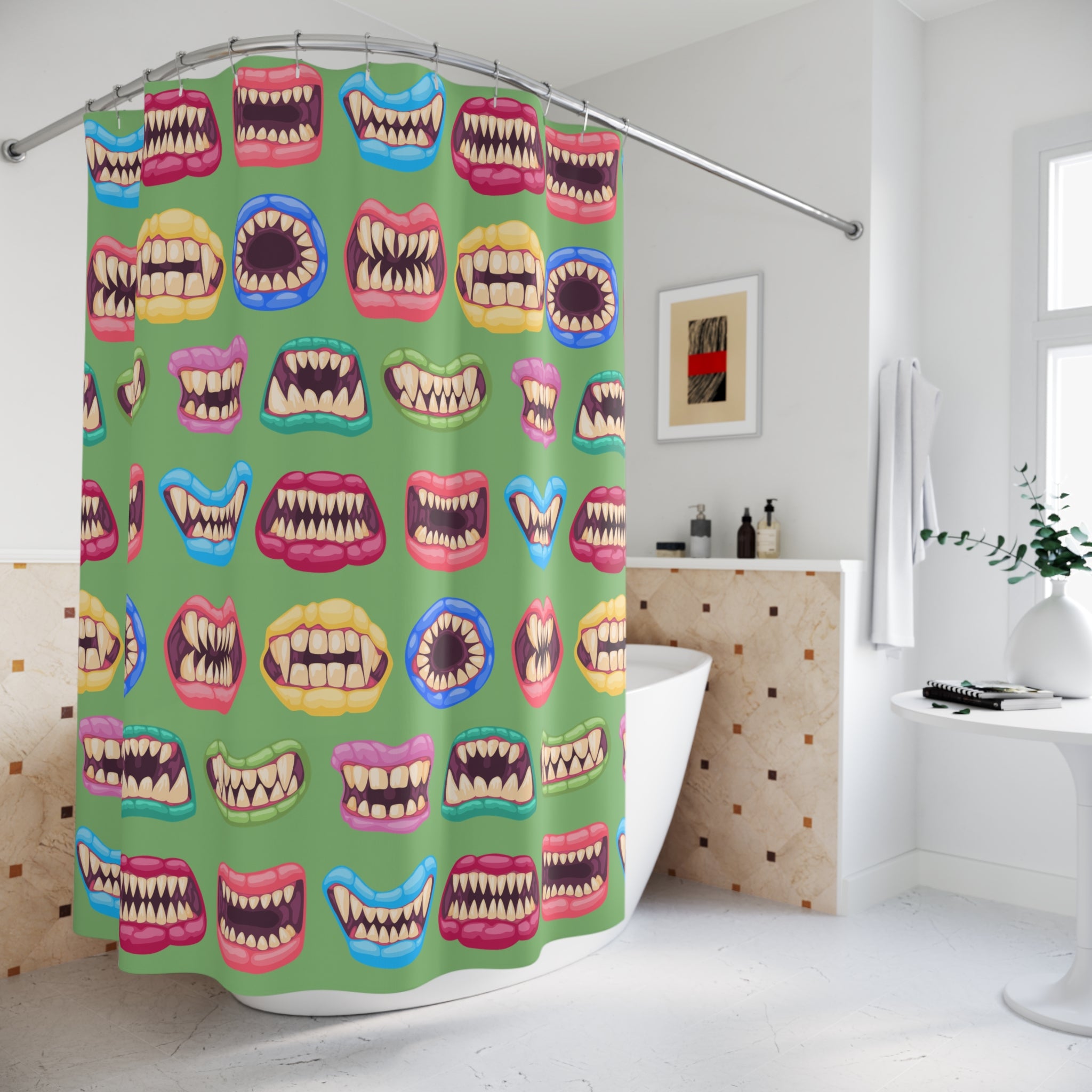 Playful Monster Shower Curtain, Fun Bathroom Decor, Colorful Artwork, Halloween Themed, Unique Gift