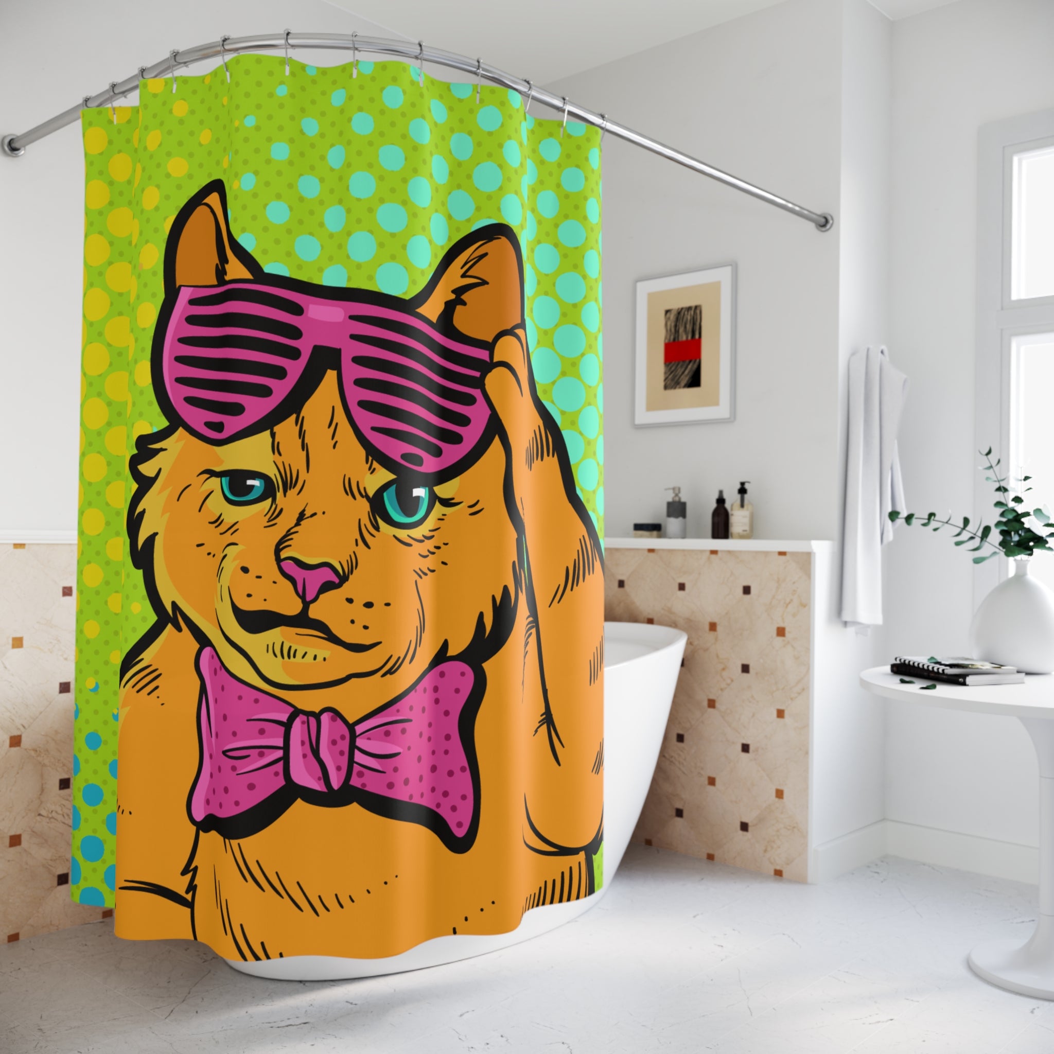 Vibrant Cat Shower Curtain, Funky Bathroom Decor, Cat Lover Gift, Home and Kitchen Accessories, Fun Retro Style, Unique Bathroom Design