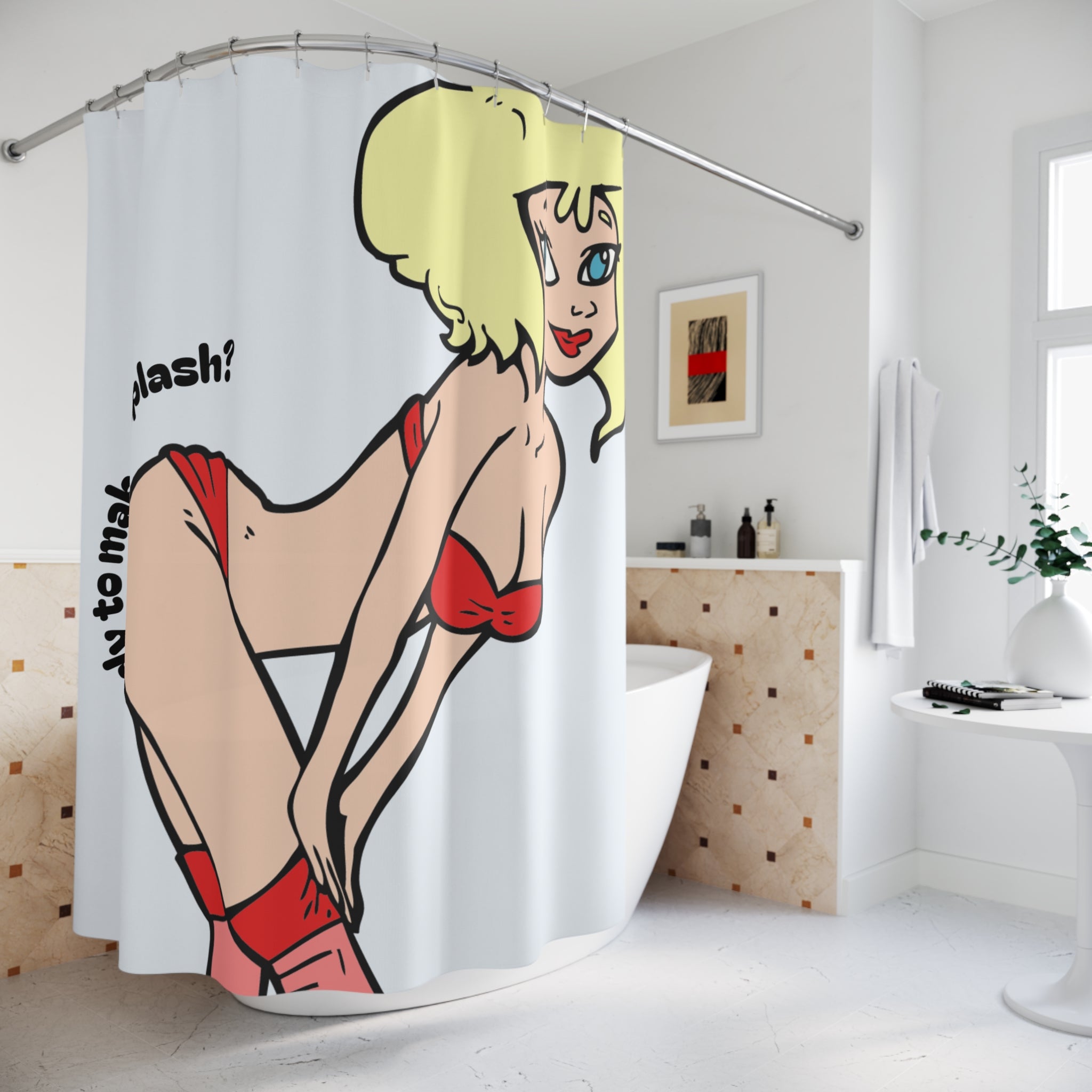 Playful Retro Shower Curtain - "Ready to Make a Splash?" - Fun Bathroom Decor, Gift for Her, Vintage Vibe, Summer Beach Theme