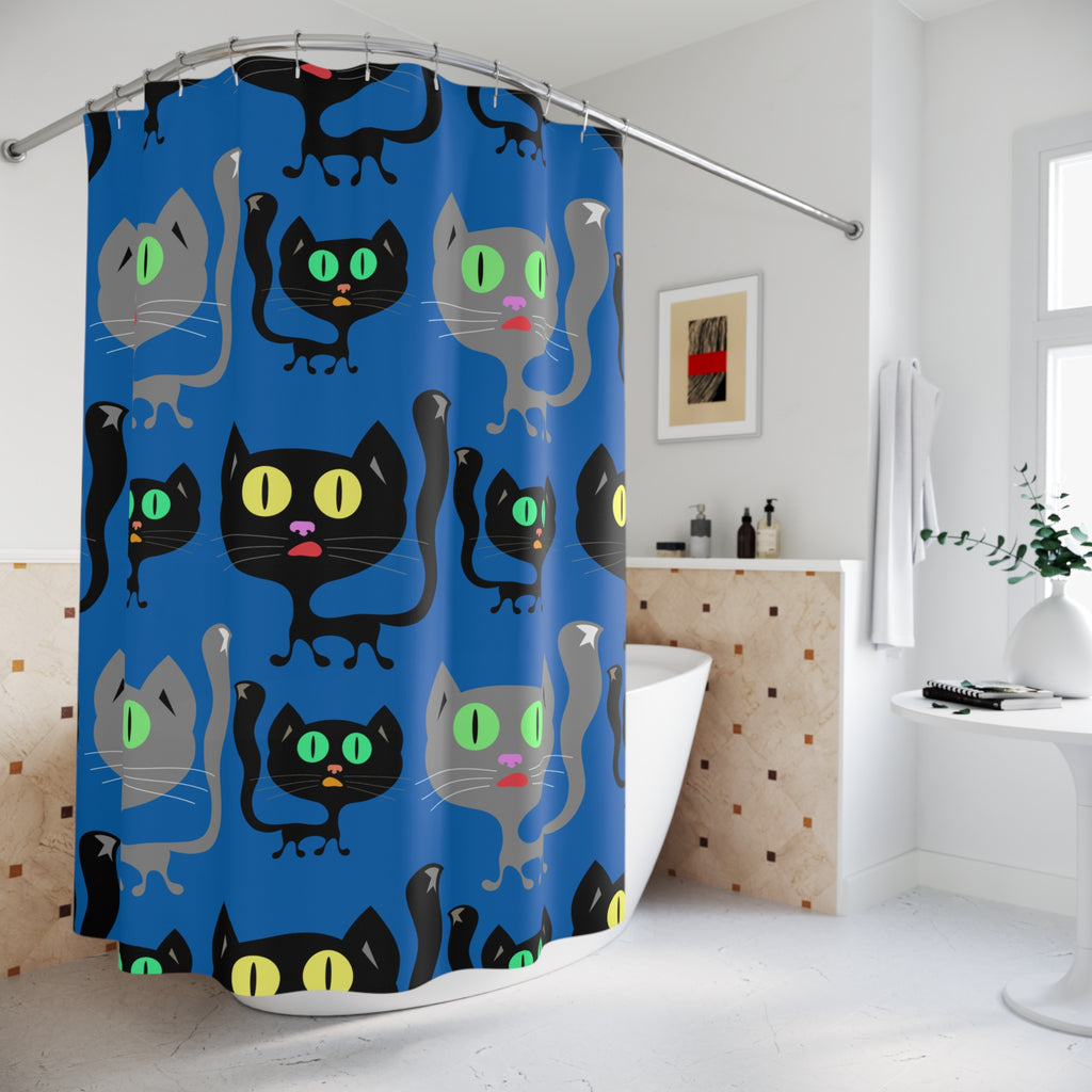 Playful Black Cat Bluish Cat Shower Curtain