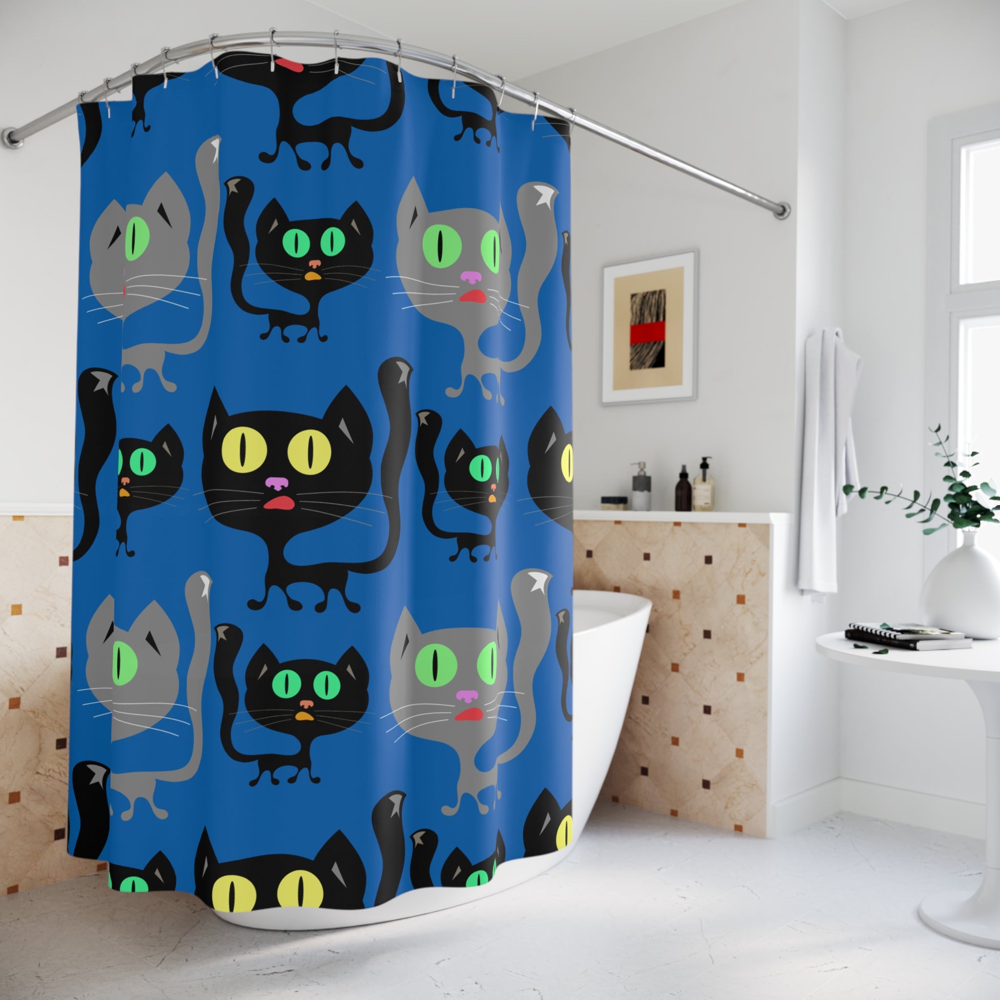 Playful Black Cat Bluish Cat Shower Curtain