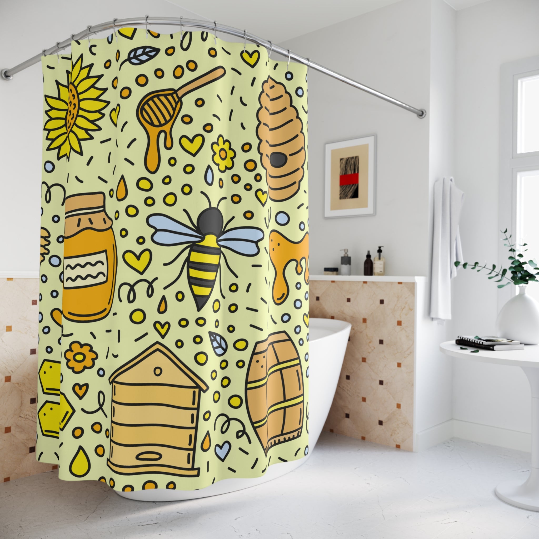 Bee & Honey Shower Curtain, Nature-Themed Decor, Cute Bathroom Accessory, Gift for Beekeepers, Summer Vibe, Eco-Friendly Home