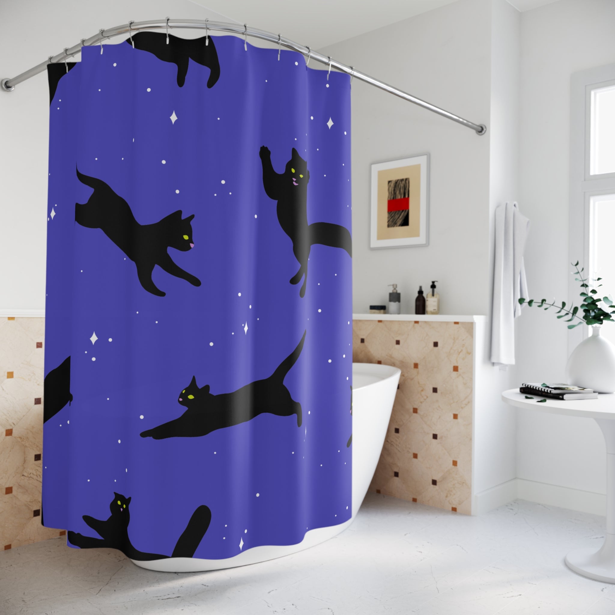 Cosmic Cat Shower Curtain, Playful Bathroom Decor, Cat Lover Gift, Unique Home Accent, Halloween Decor, Fun Animal Print