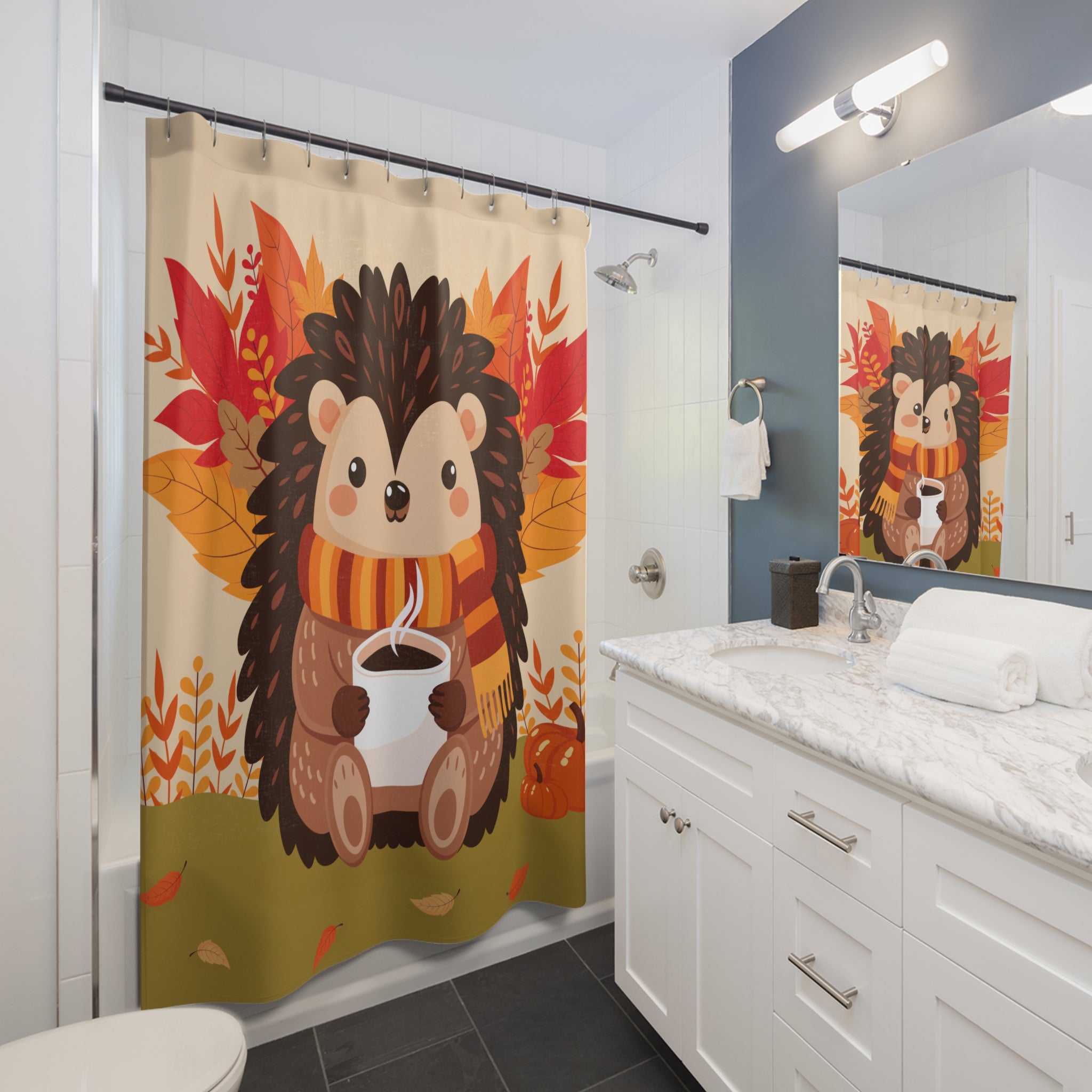 Autumn Hedgehog Shower Curtain, Cozy Bathroom Decor, Cute Hedgehog Print, Fall Home Accent, Charming Gift for Animal Lovers