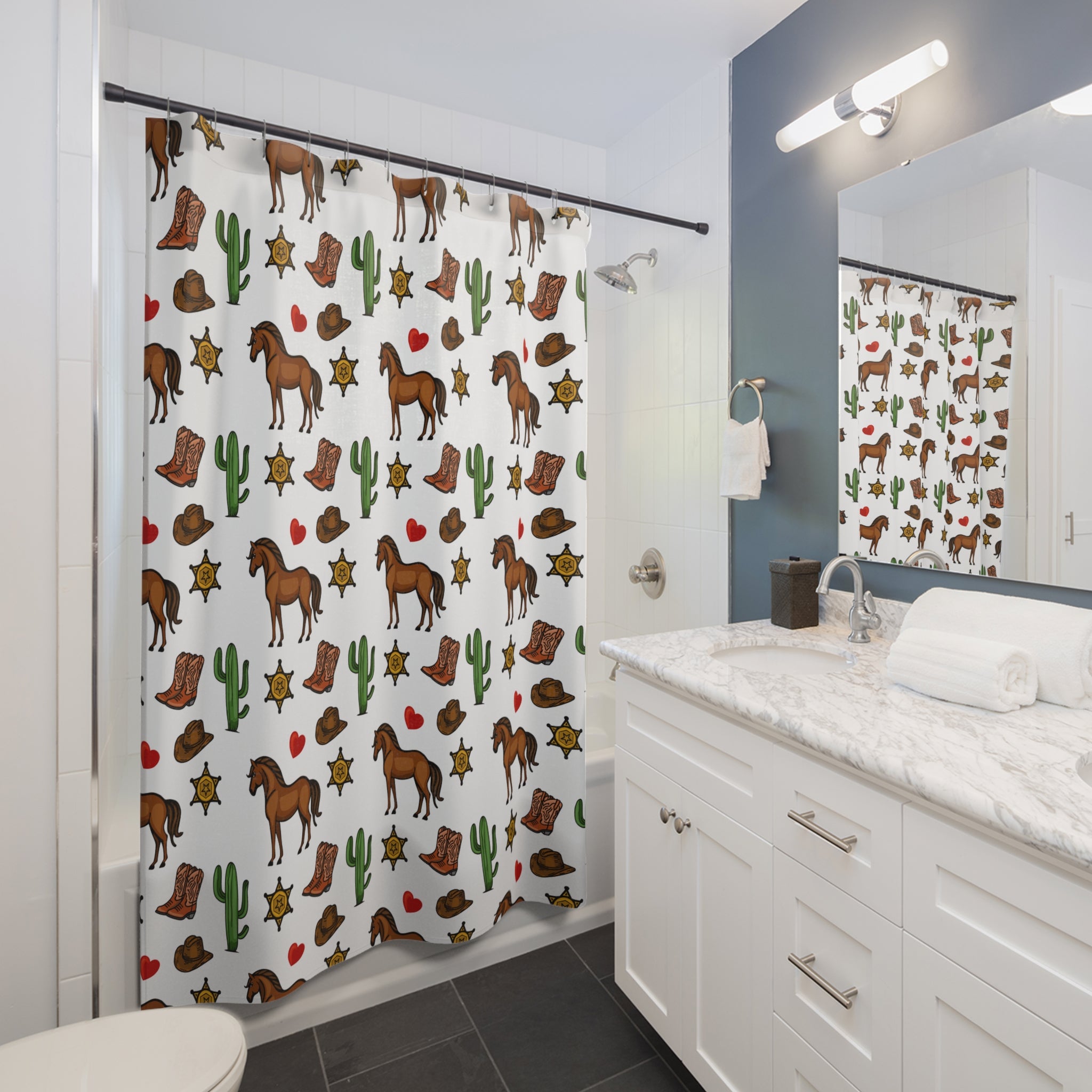 Texas Living Western-Themed Shower Curtain, Rustic Bathroom Decor, Horse and Cactus Design, Cowboy Style, Perfect for Country Homes