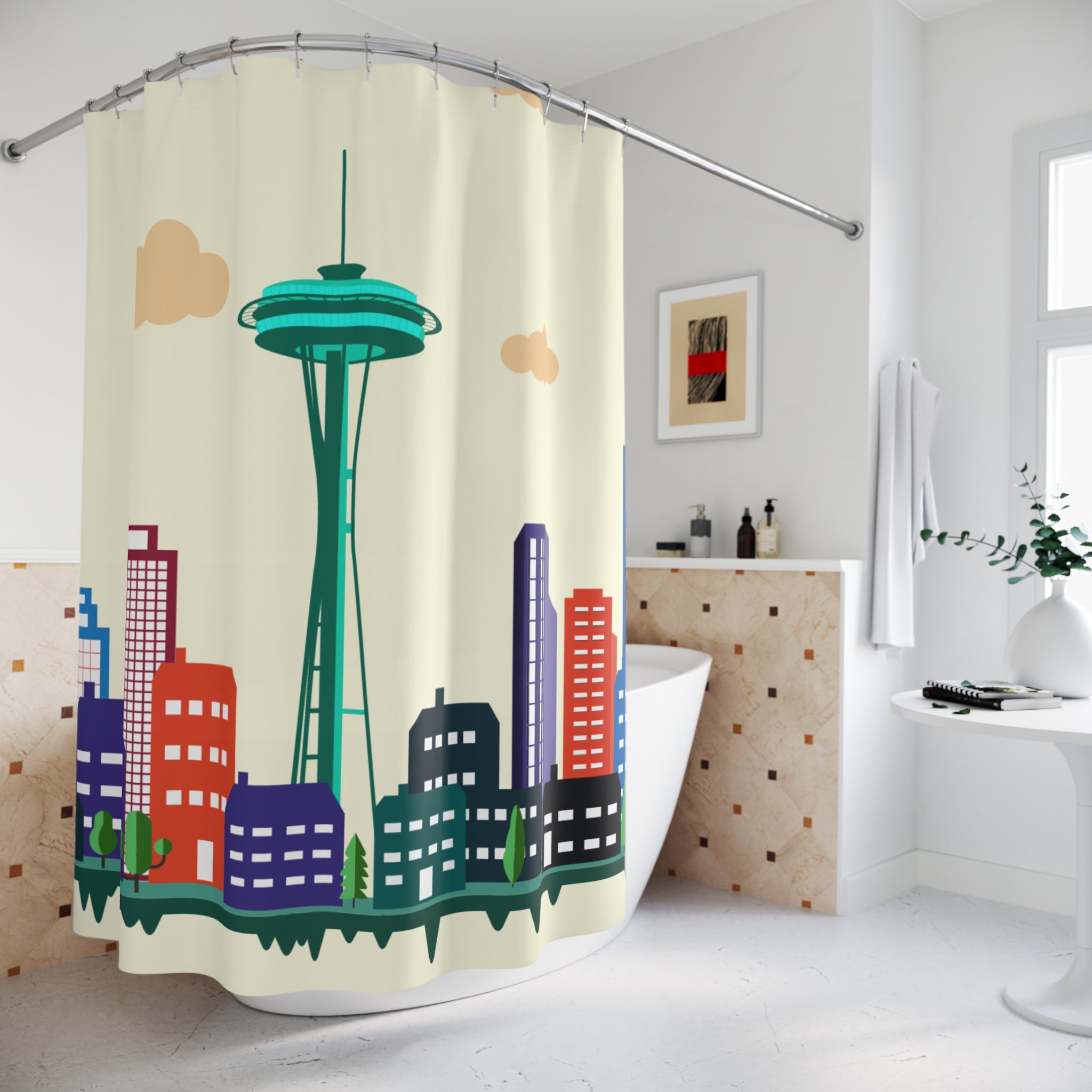 Seattle Skyline Shower Curtain, Colorful Cityscape Bathroom Decor, Urban Art, Home Gift, Modern Bathroom Accessory