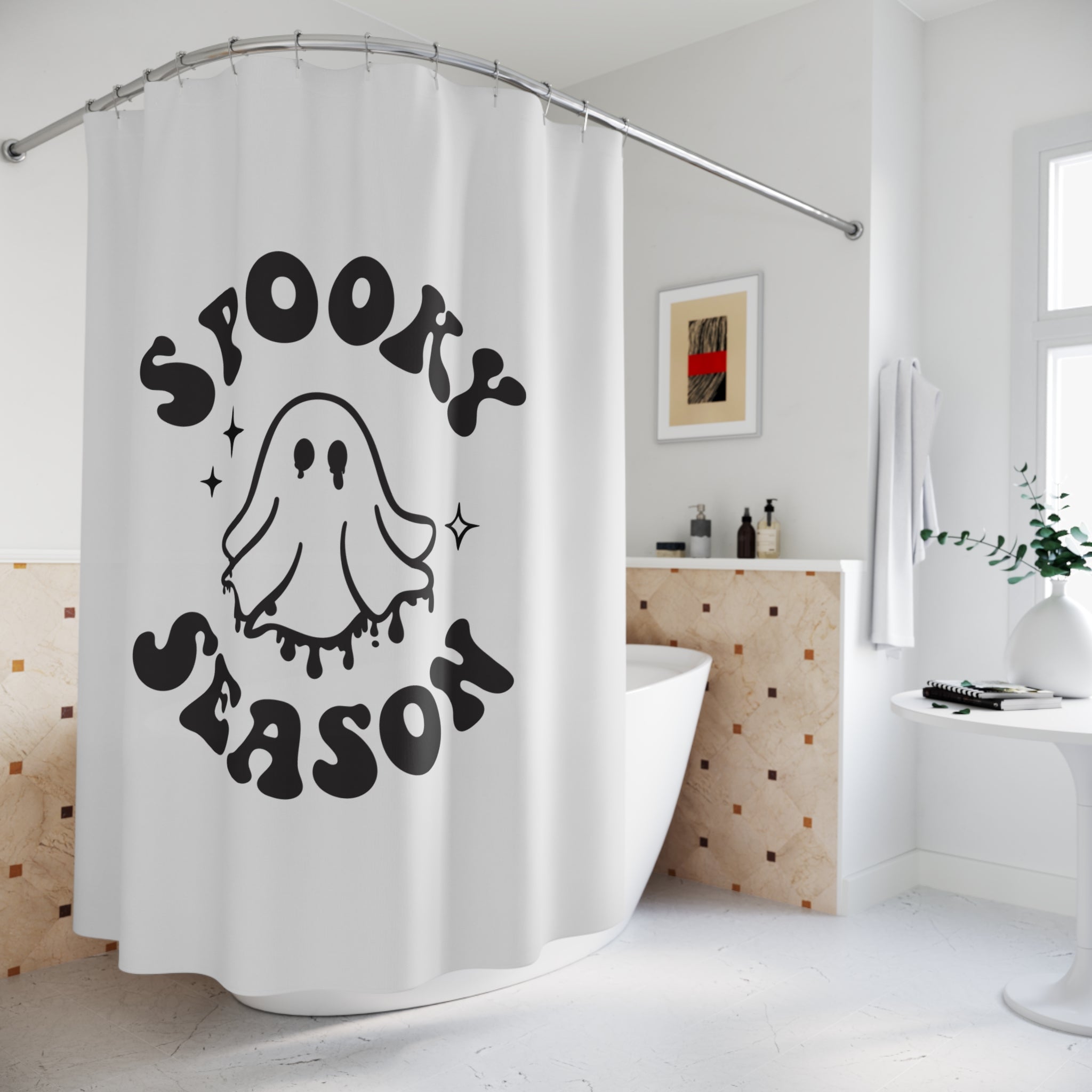 Spooky Season Shower Curtain, Halloween Decor, Ghost Theme Bathroom Accessory, Holiday Gift, Fun Home Decor, Seasonal Bathroom