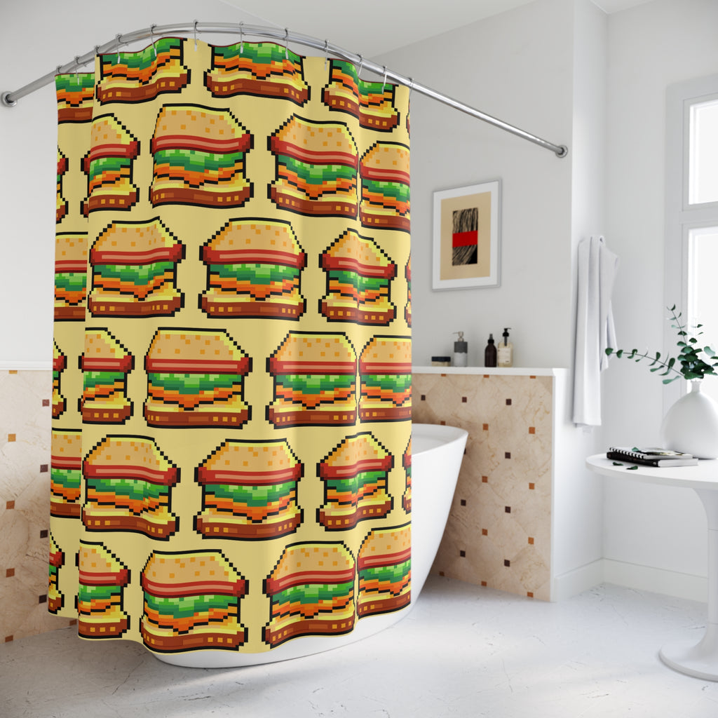 Pixelated Gamer Sandwich Shower Curtain, Fun Decor, Kitchen Theme, Gift for Foodies, Retro Style, Bathroom Accessory