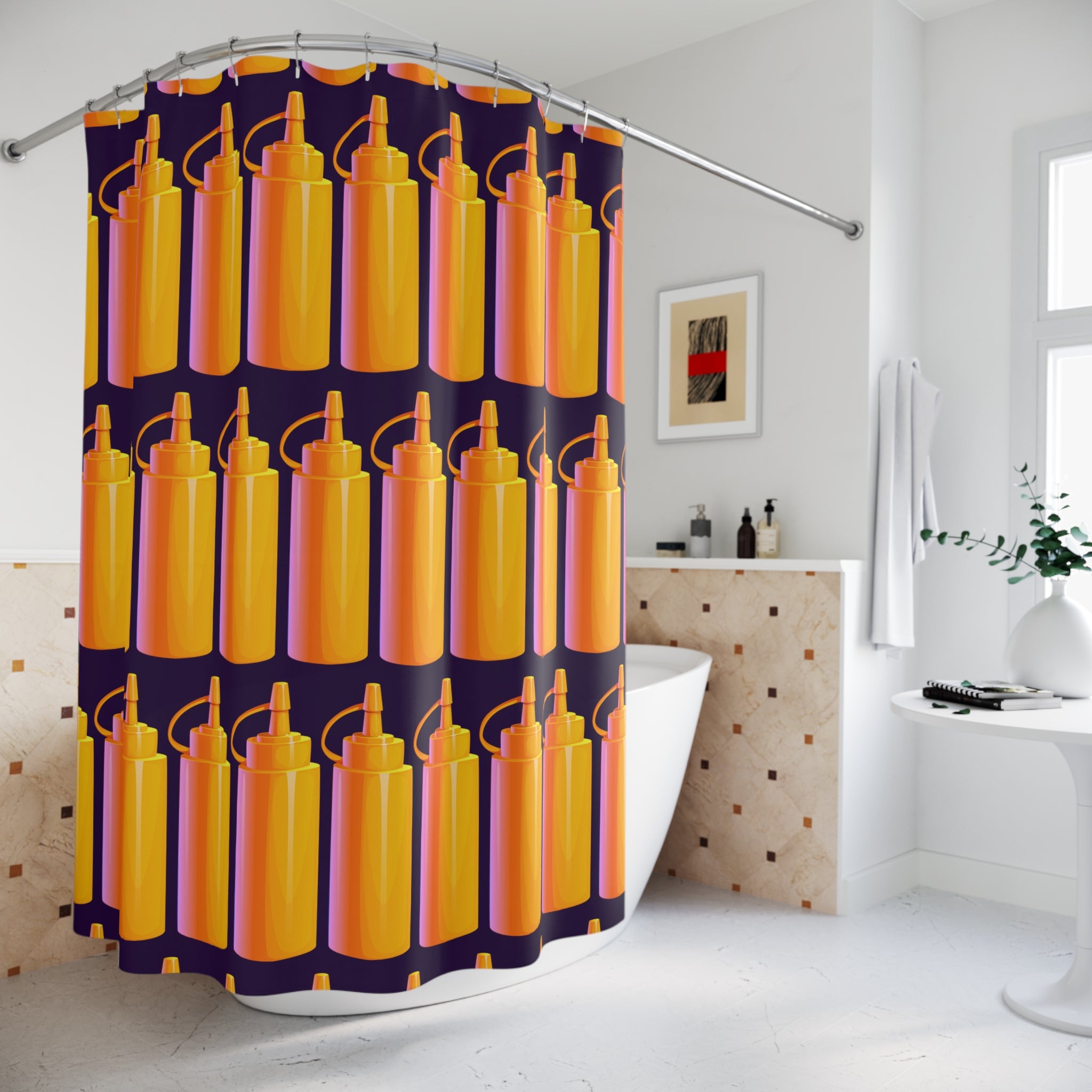 I Love Mustard Bottles Shower Curtain, Fun Bathroom Decor, Unique Gift for Foodies, Kitchen Theme, Colorful Home Accent