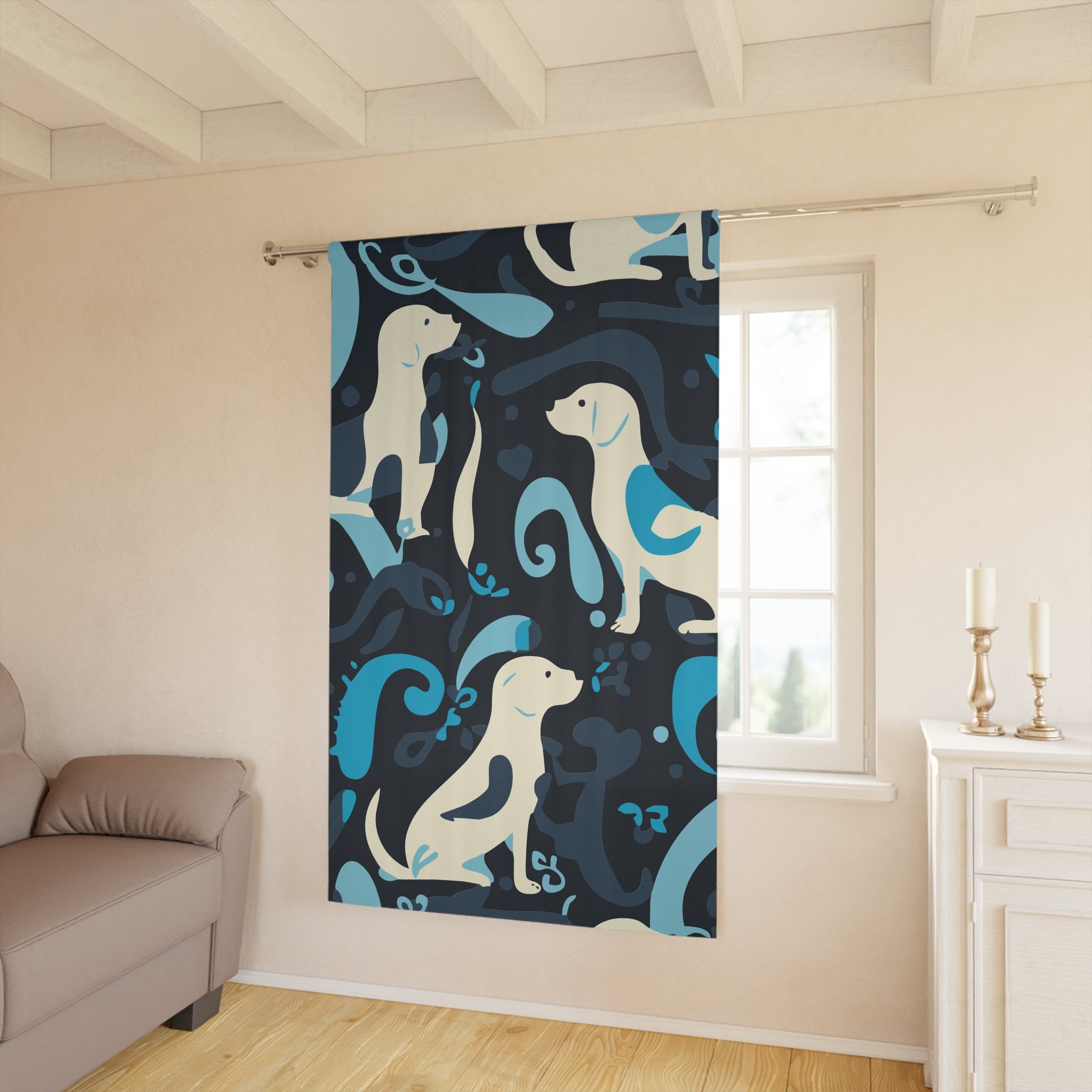 Whimsical Bluish Dog Swirl Blackout Window Curtain