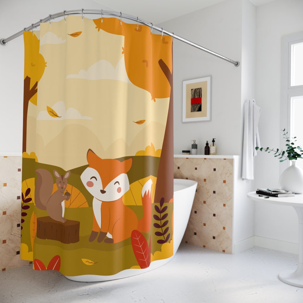 Autumn Forest Shower Curtain with Cute Fox and Squirrel, Cozy Bathroom Decor, Fall Home Accent, Nature-Inspired Gift, Seasonal Decor