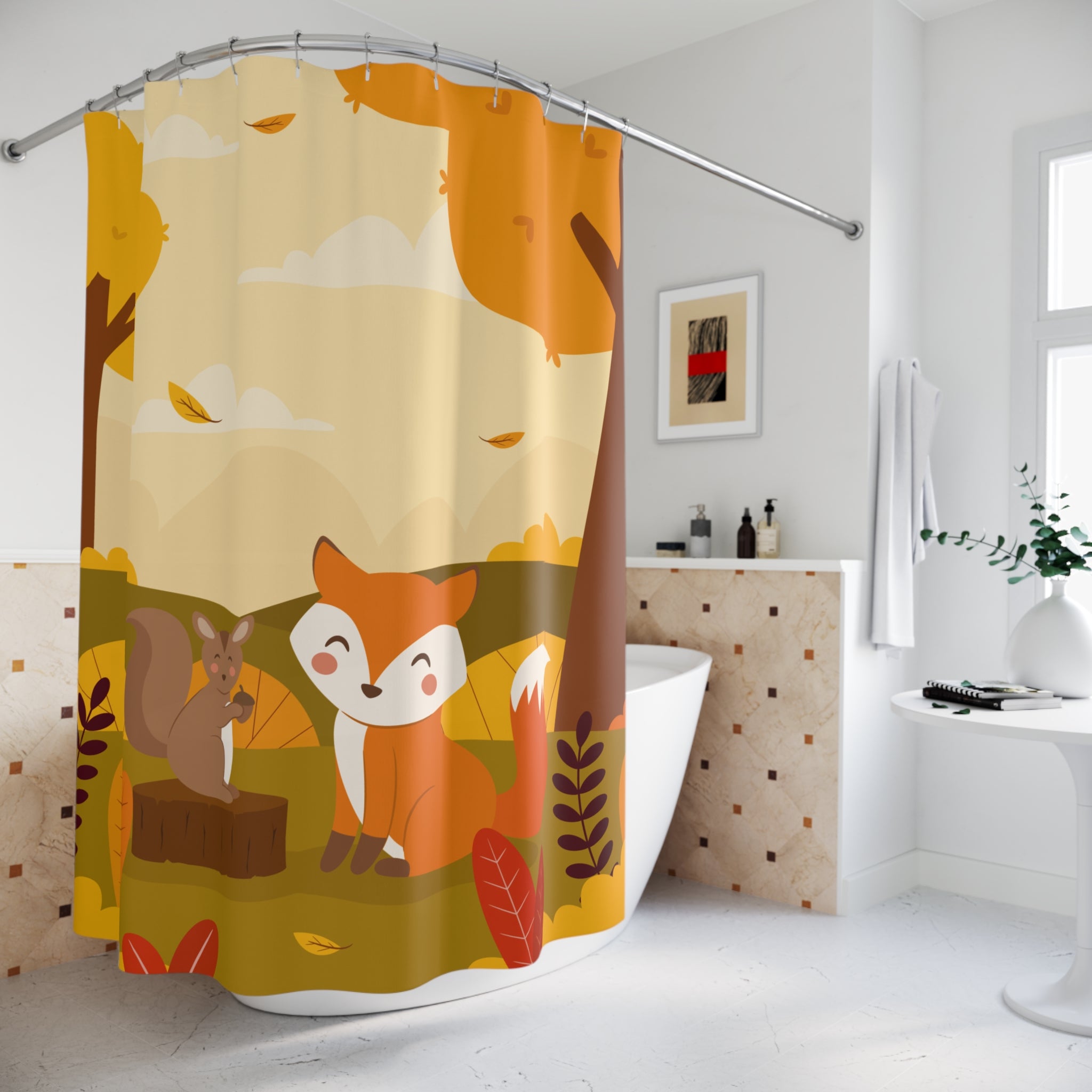 Autumn Forest Shower Curtain with Cute Fox and Squirrel, Cozy Bathroom Decor, Fall Home Accent, Nature-Inspired Gift, Seasonal Decor