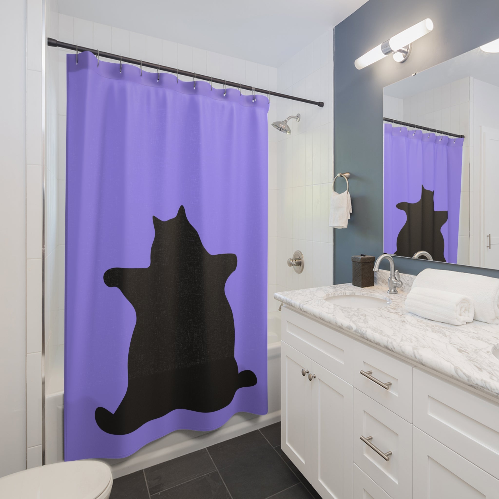 Big Bold and Chonky Cat Silhouette Shower Curtain - Cozy Bathroom Decor for Cat Lovers, Fun Gifts, Animal Lovers, Purple Bath Accessory