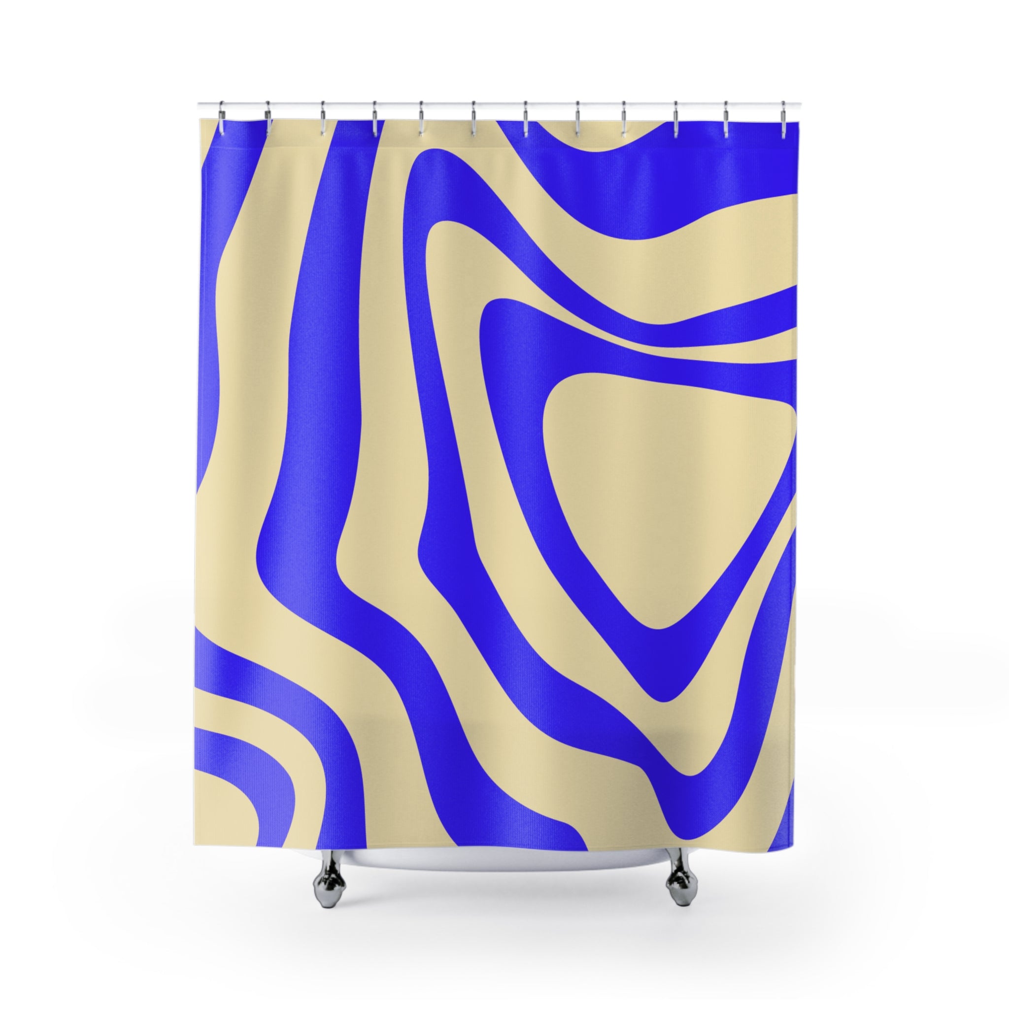 Modern Blue Abstract Shower Curtain, Trendy Bathroom Decor, Waves Design, Blue and Cream Patterned Curtains, Unique Gift for Home