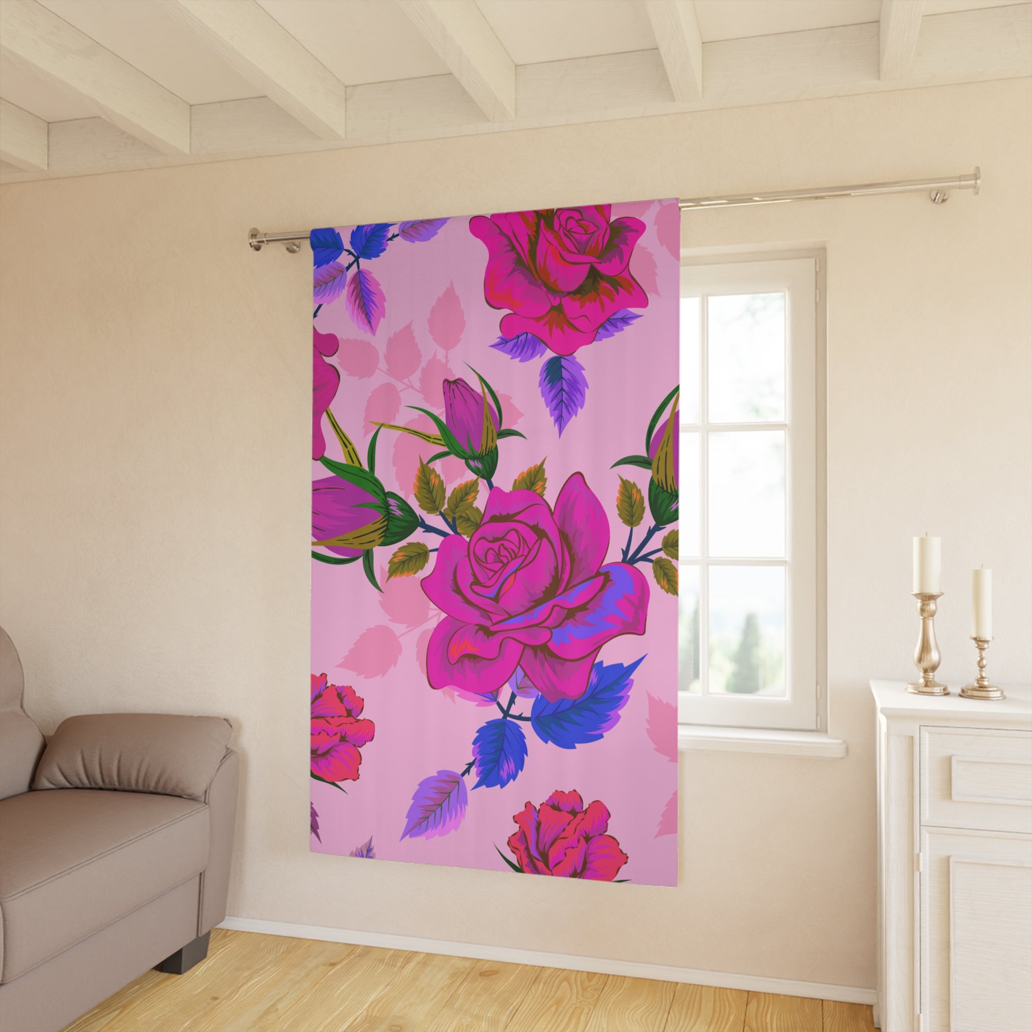 Rosey Sister Neon Floral Pattern Blackout Window Curtain