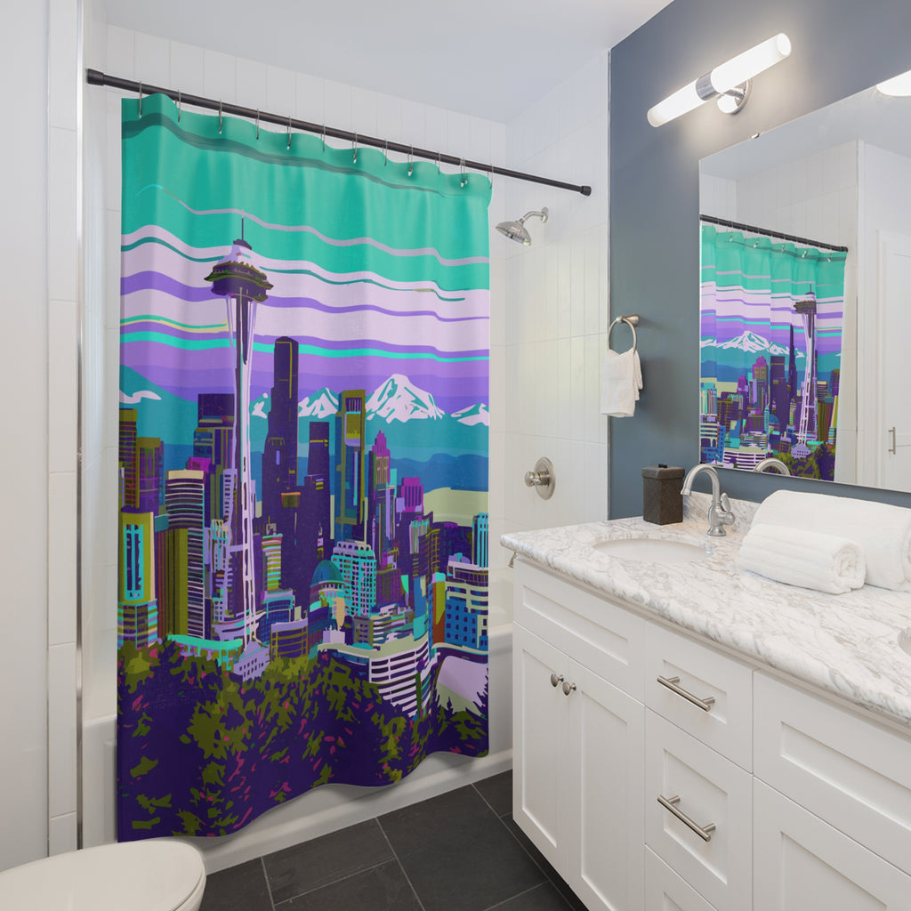 Seattle Greenish Skyline Design Shower Curtain