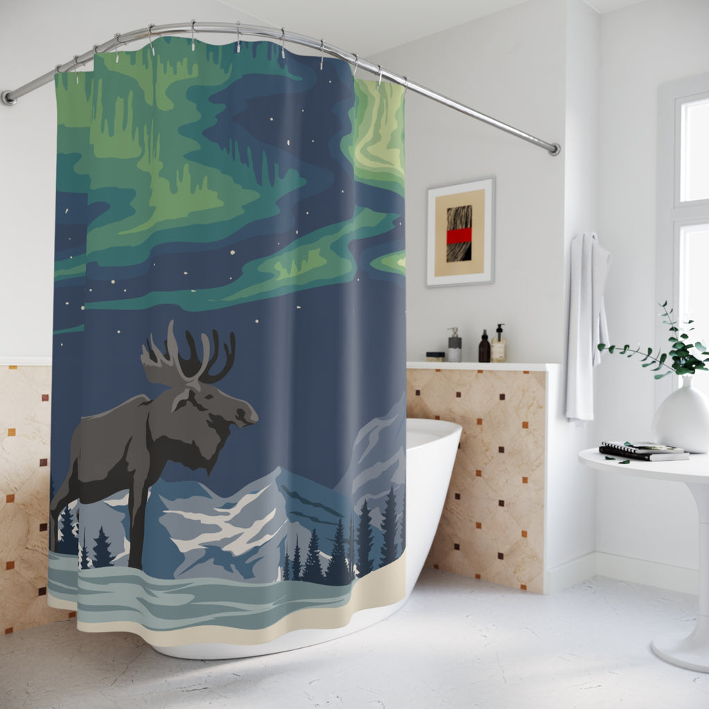 Alaskan Moose Under Northern Lights Shower Curtain – Nature-Inspired Bathroom Decor, Home Gift, Rustic Lodge, Wildlife Theme, Cabin Style