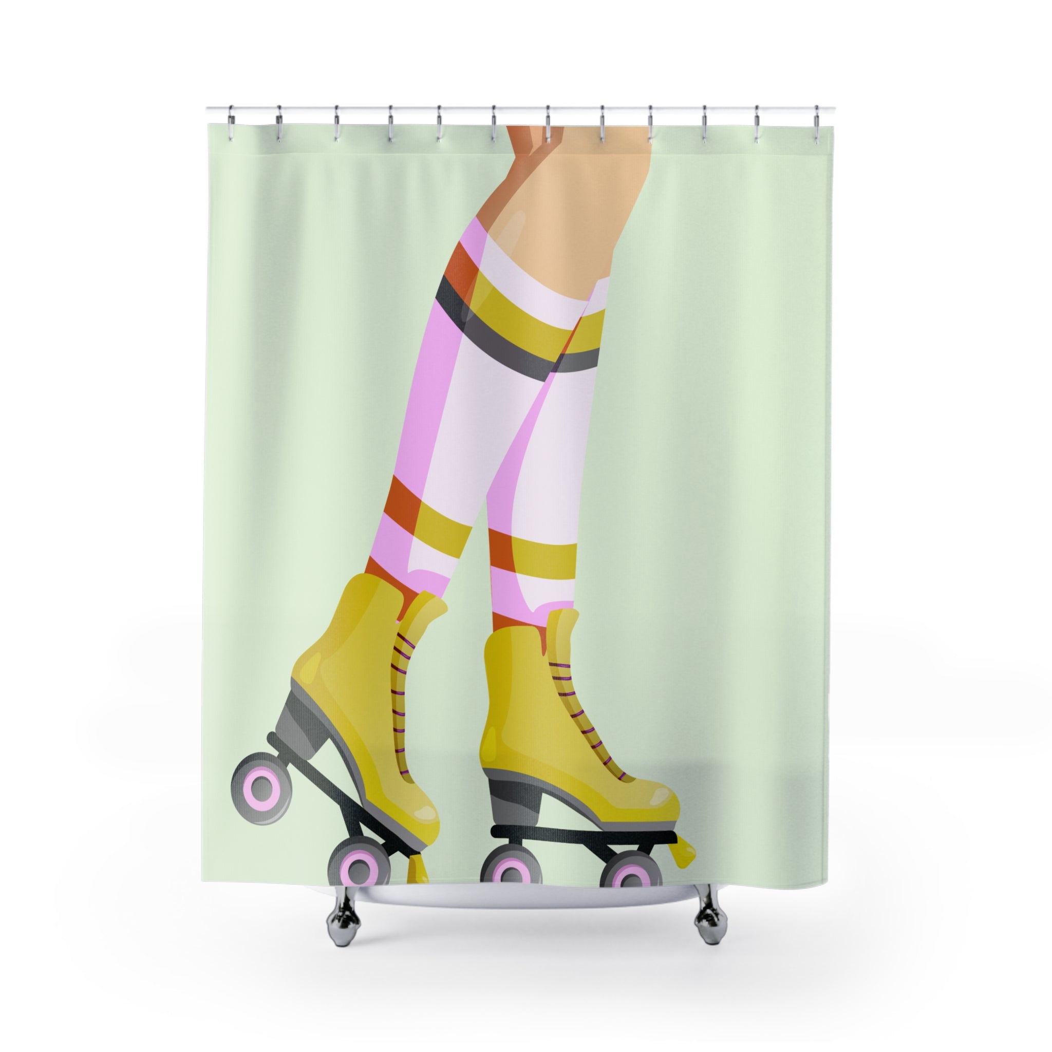 Retro Roller Skater Girl Legs Shower Curtain, Vintage Bathroom Decor, Fun Shower Curtain, Pink and Yellow Skates, Gift for Roller Derby Fans