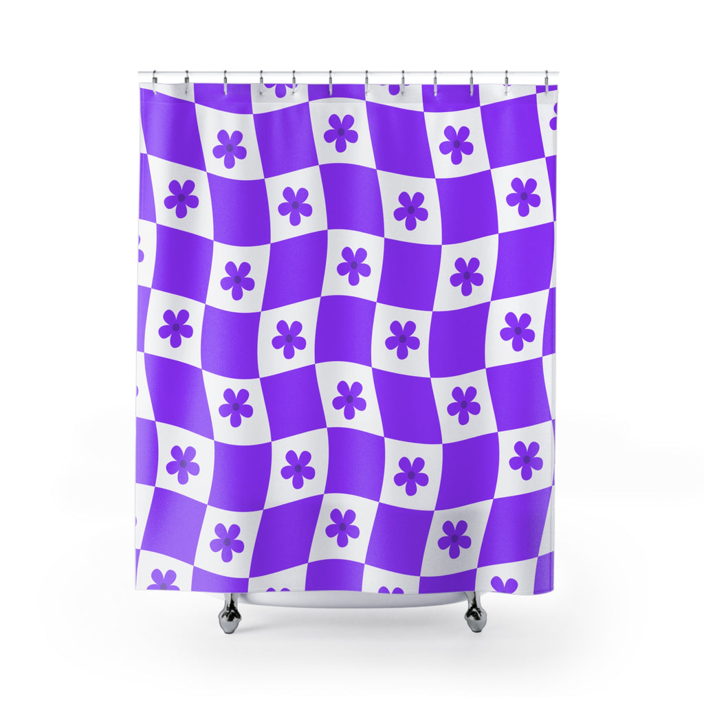 Vibrant Purple Checkered and Floral Shower Curtain