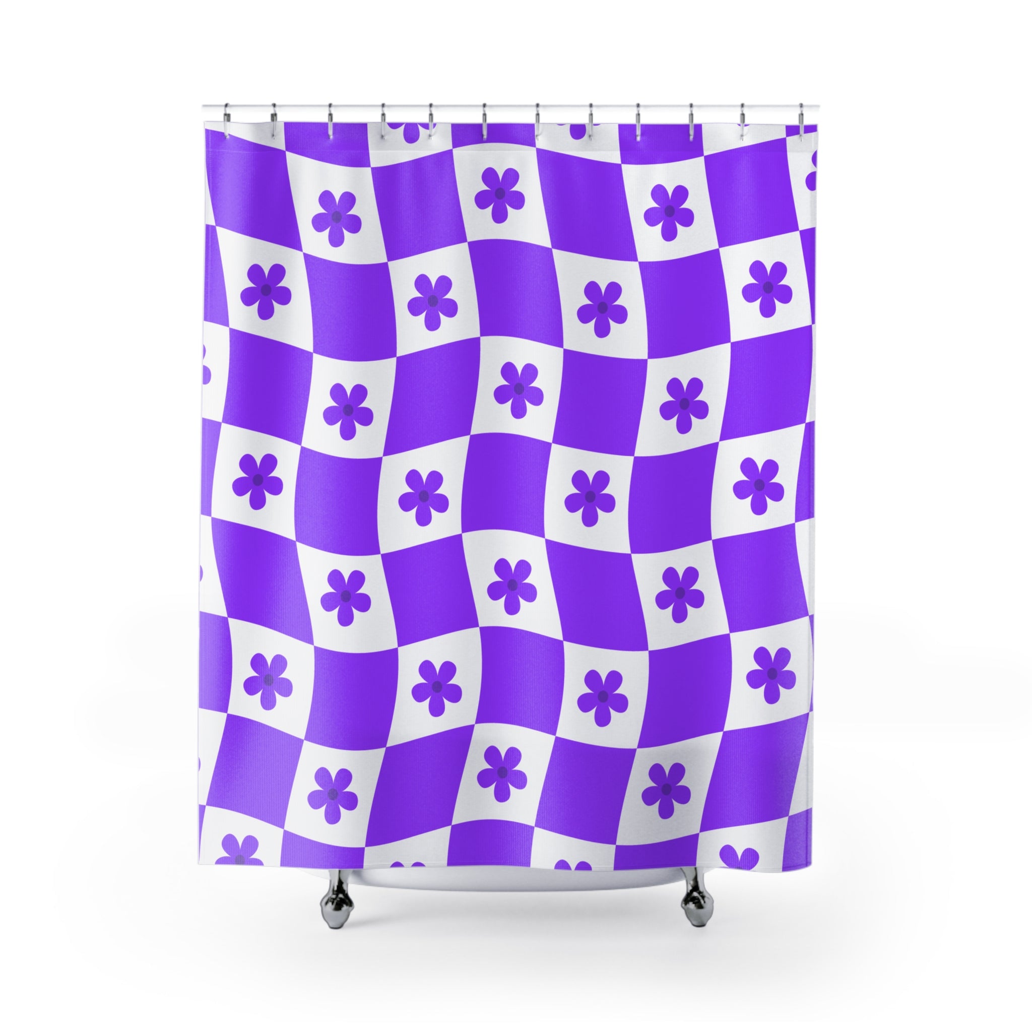 Vibrant Purple Checkered and Floral Shower Curtain