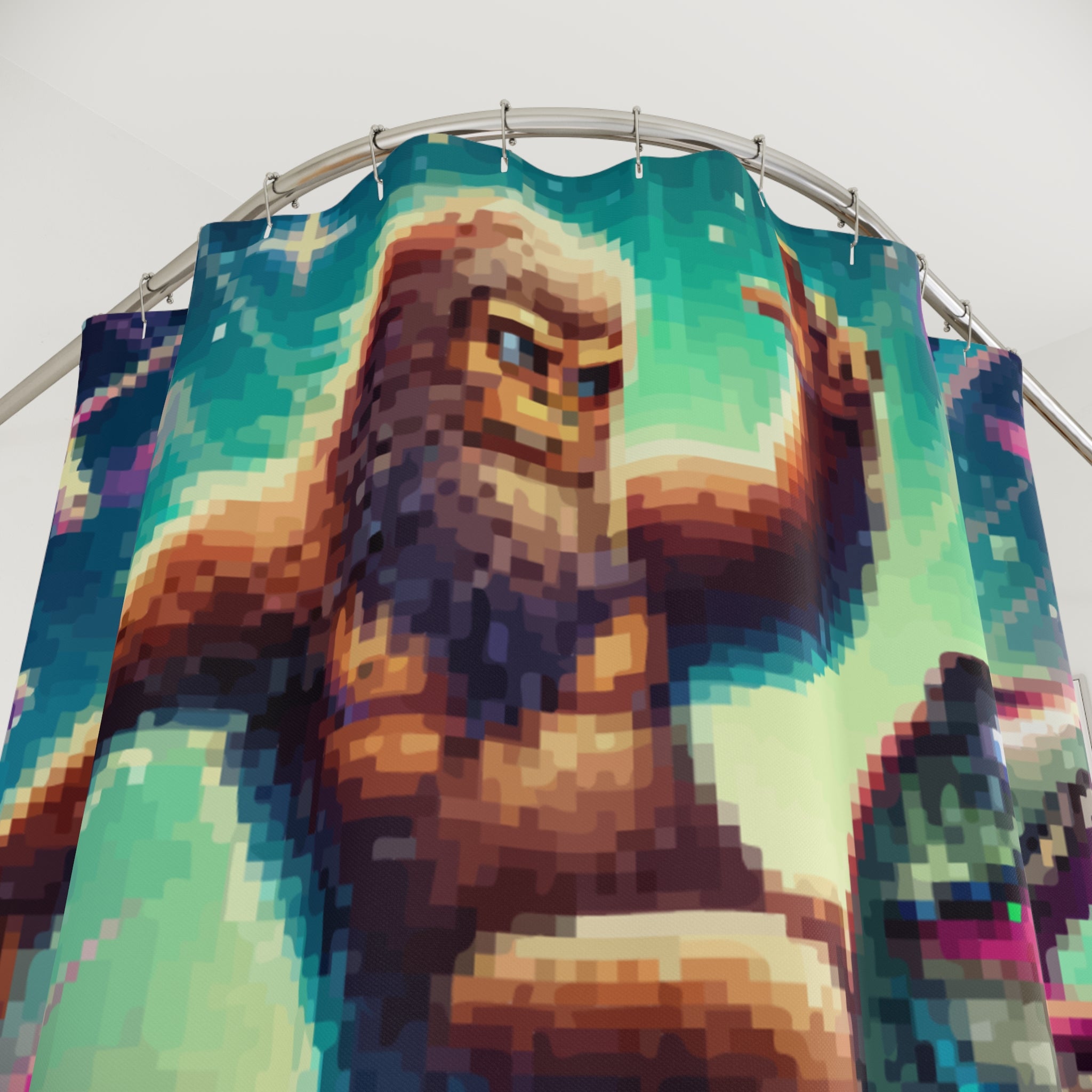 Pixelated Sasquatch Riding Dinosaur Shower Curtain