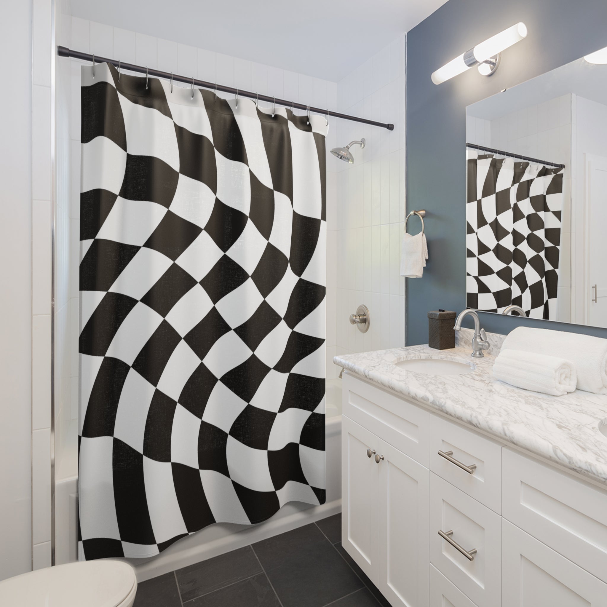 Checkered Warped in Time Pattern Shower Curtain