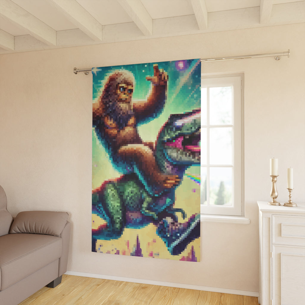 Pixelated Sasquatch Riding Dinosaur Blackout Window Curtain