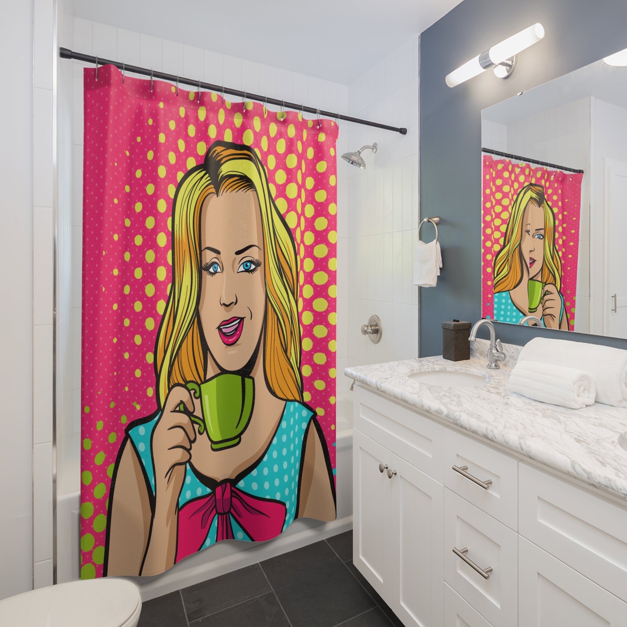 Colorful Pop Art Shower Curtain with Chic Design, Bathroom Decor, Retro Vibe, Gift for Home, Fun Interior Style, Modern Art